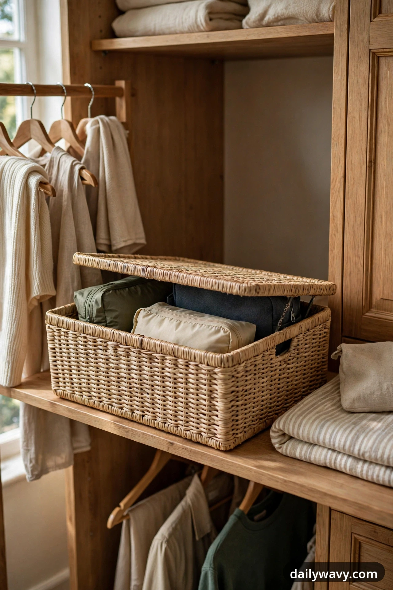 An open lidded wicker basket on a wardrobe shelf holds zippered packing cubes and pouches, with hanging clothes on the rod beside it.