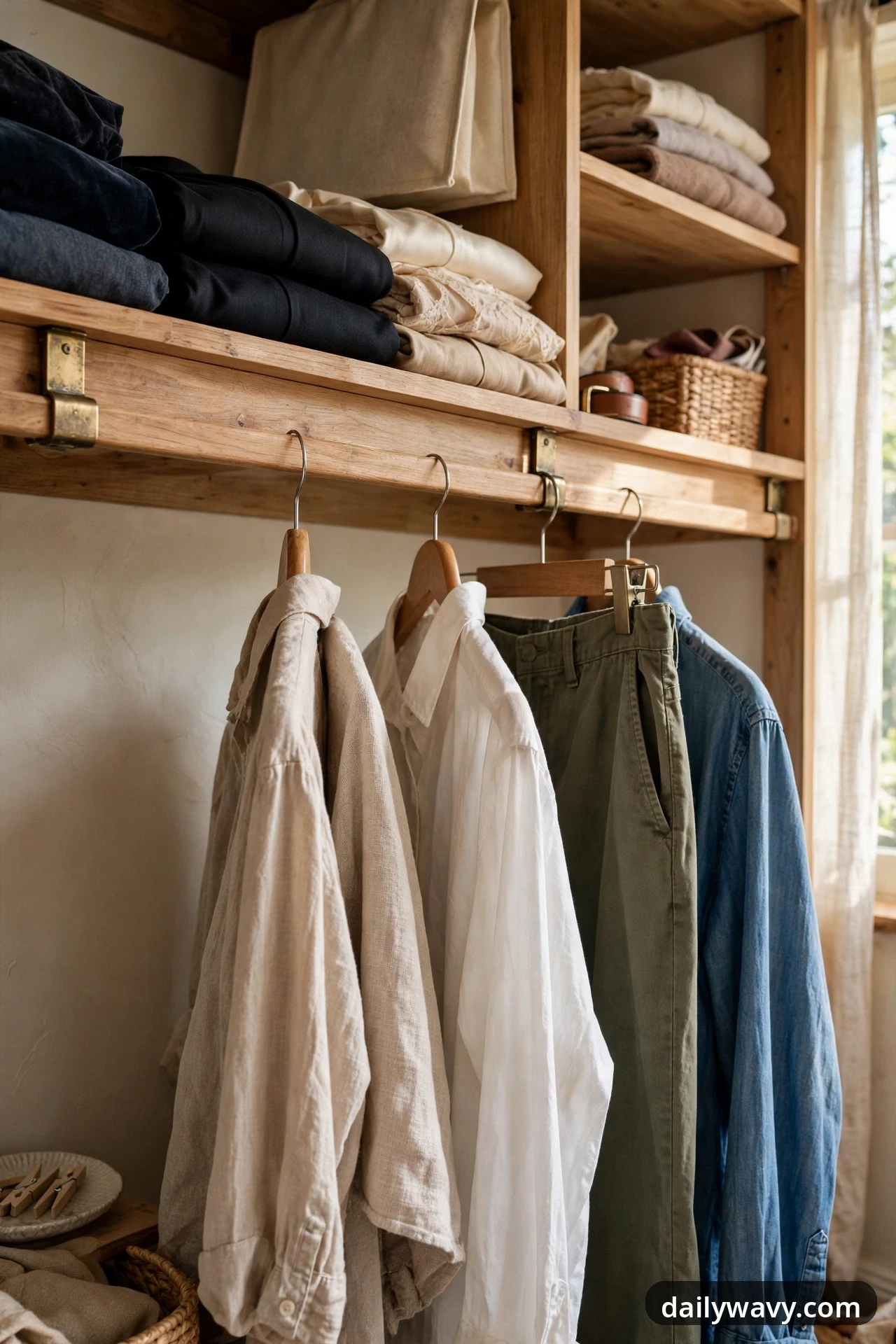 Everyday shirts and trousers hang at grab height from hooks under a wooden shelf stacked with folded clothes in a small wardrobe.