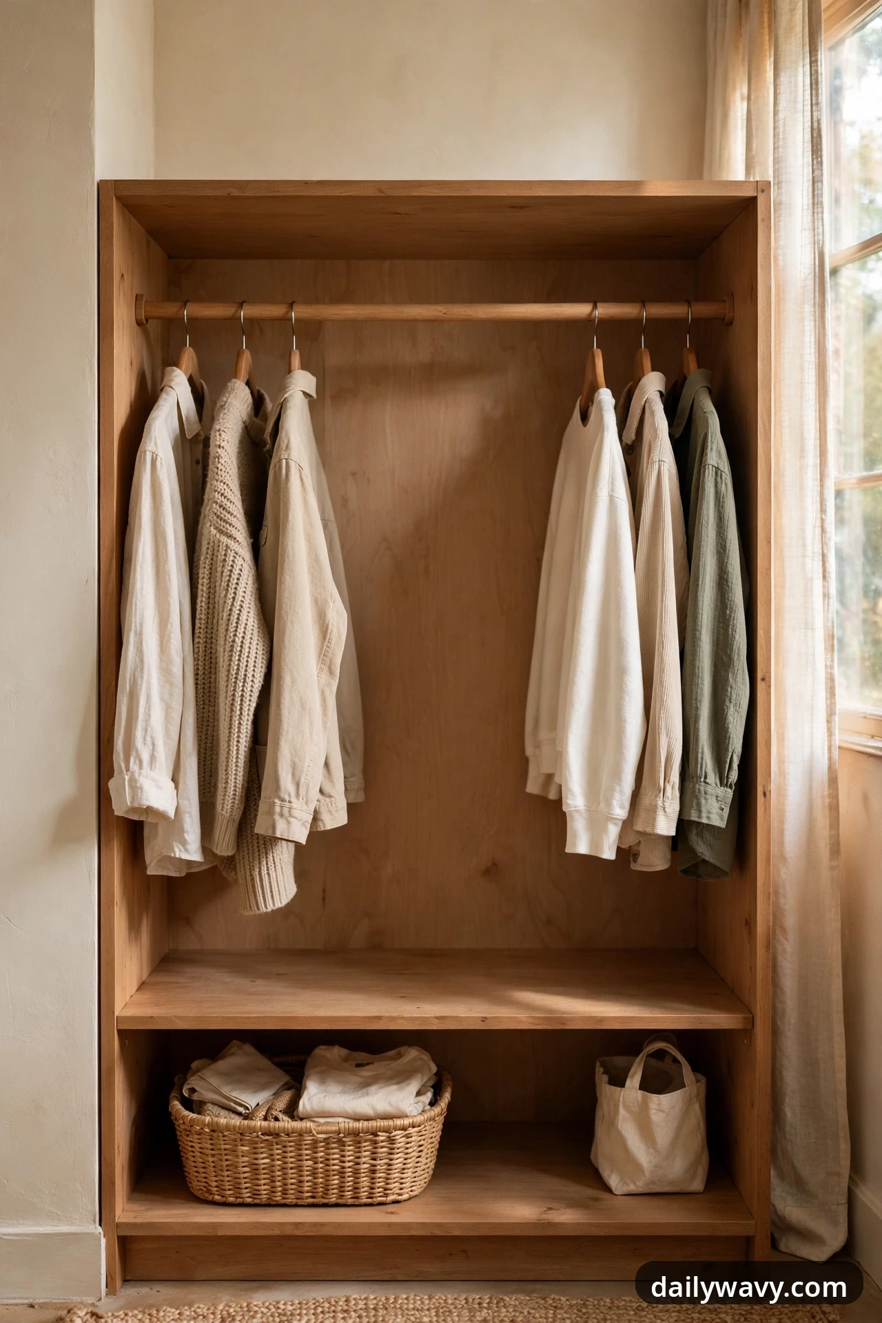 Two groups of hanging shirts and sweaters sit at either end of a wardrobe rod with a wide empty stretch of rod left clear between them.