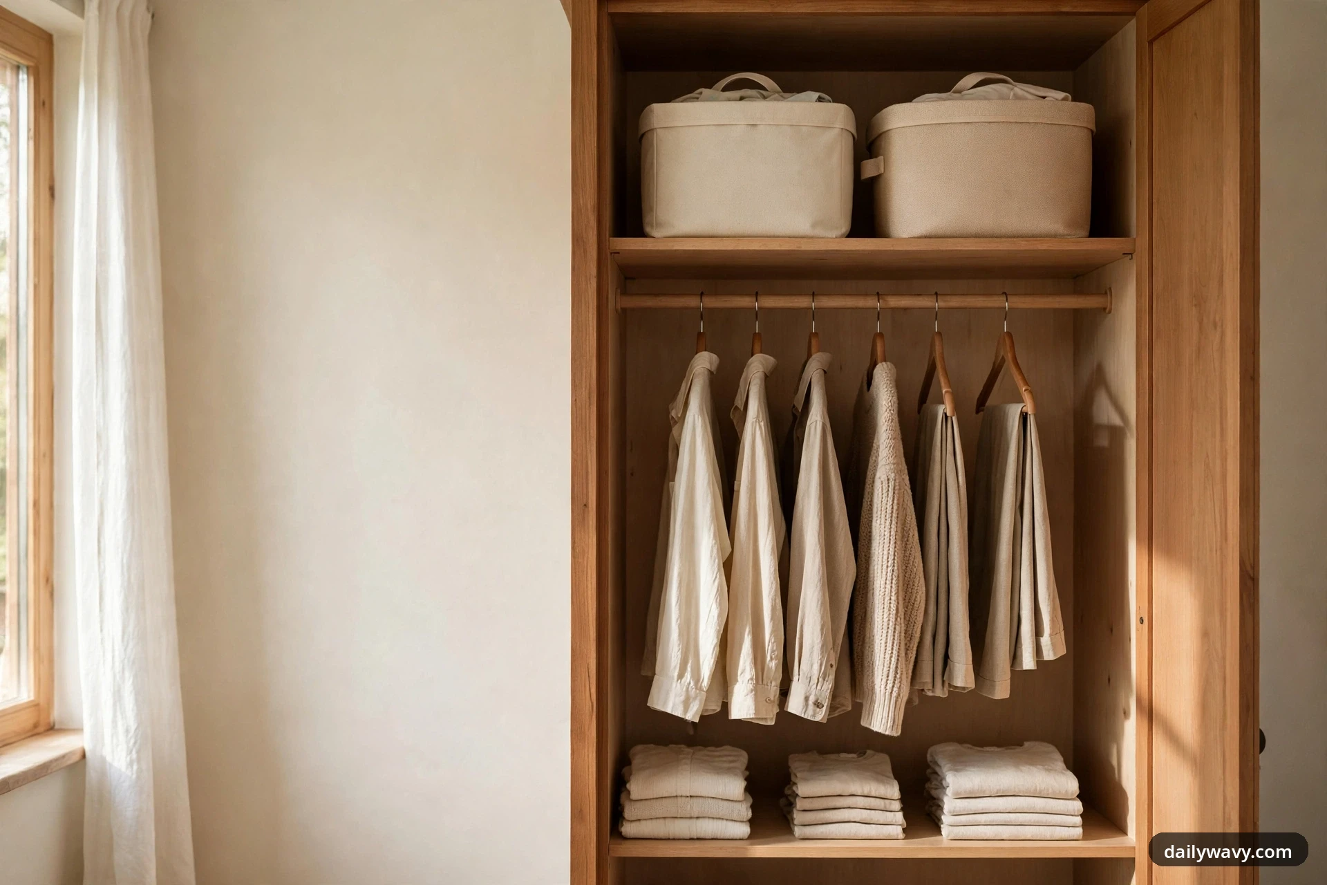 A wide view of an open wooden wardrobe shows two lidded fabric bins on the top shelf, neutral shirts and trousers hanging from the rod, and three neat stacks of folded clothes on the shelf below.