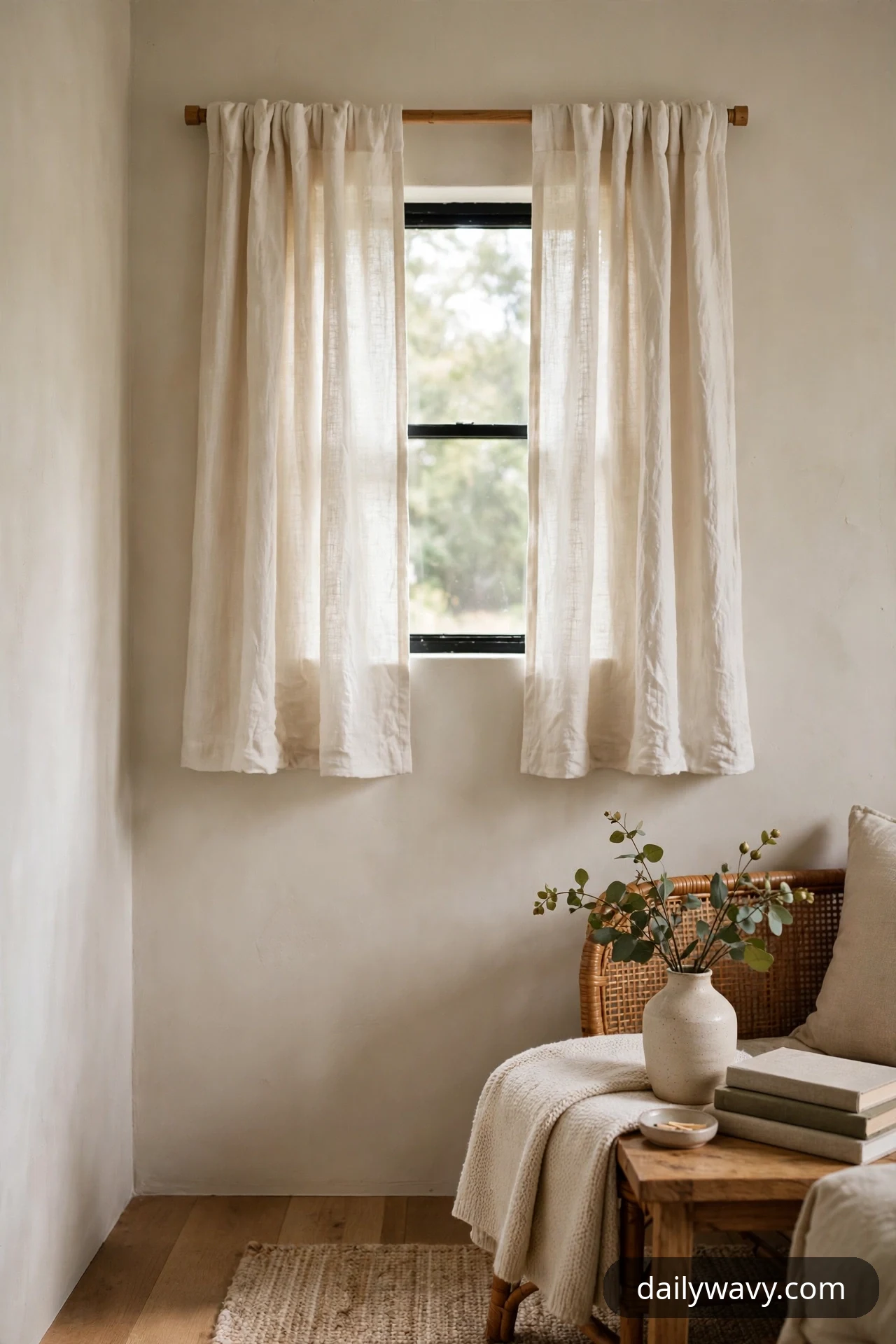 Relaxed slubby-textured curtain panels in warm white hang softly gathered from a wooden rod at a small window in a calm living room corner.