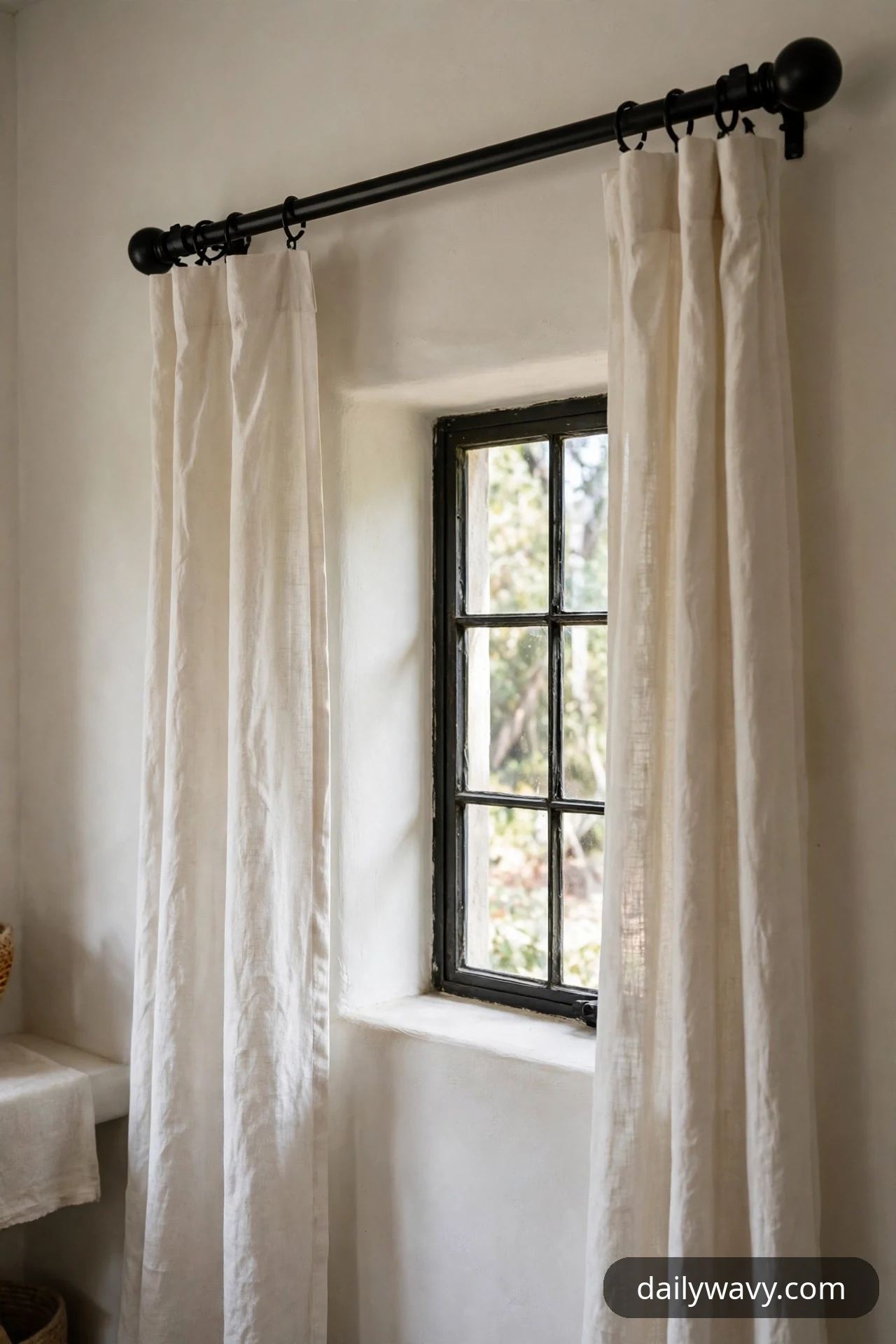 Plain ivory curtain panels hang on rings from a matte black rod with round finials beside a small deep-set window.