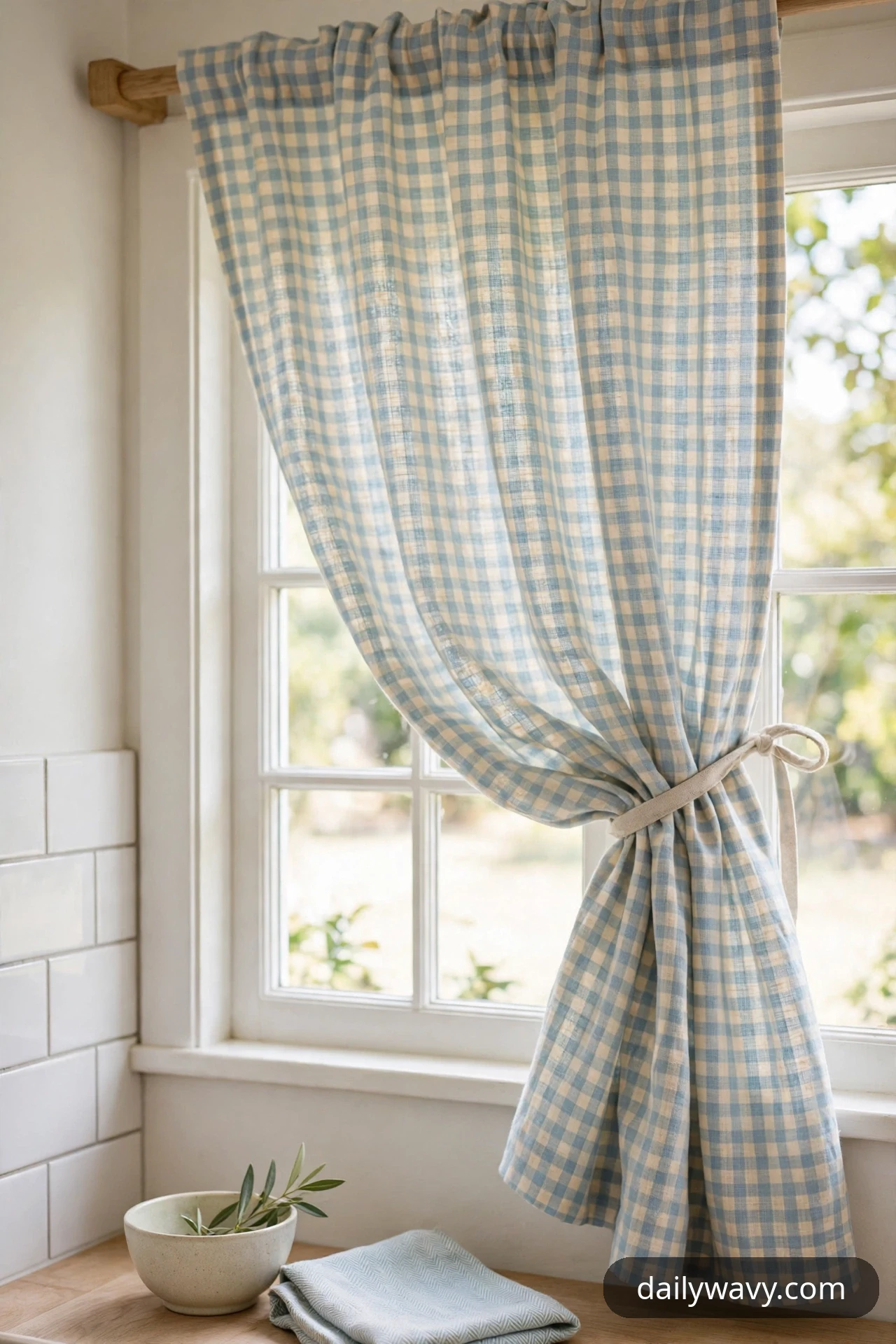 A soft check curtain in pale blue and cream gingham hangs tied back at a small window in a bright kitchen.