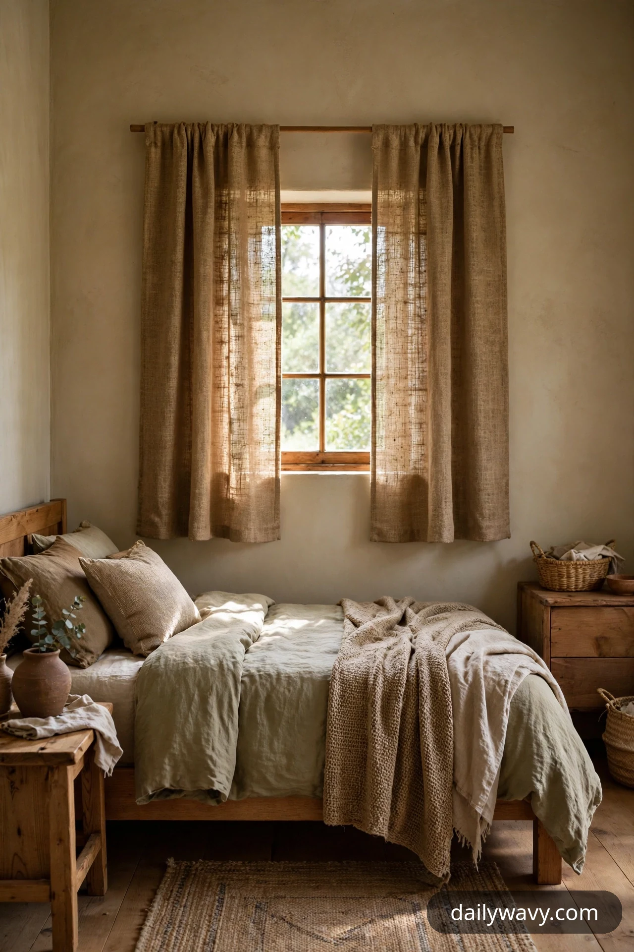 Natural-fiber look curtain panels in a jute-toned weave hang from a wooden rod at a small window above a bed in an earthy bedroom with wooden furniture.