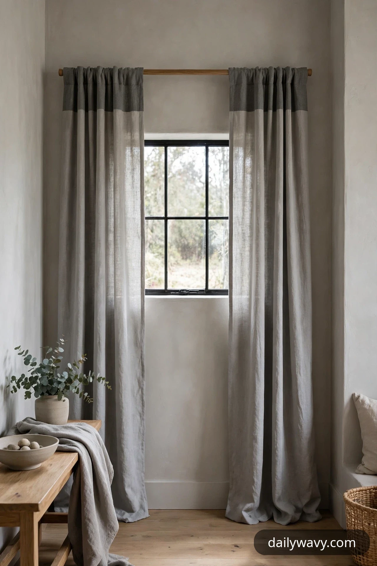 Soft gray curtain panels with a slightly darker gray header band hang from a wooden rod at a tall narrow window in a serene neutral room.