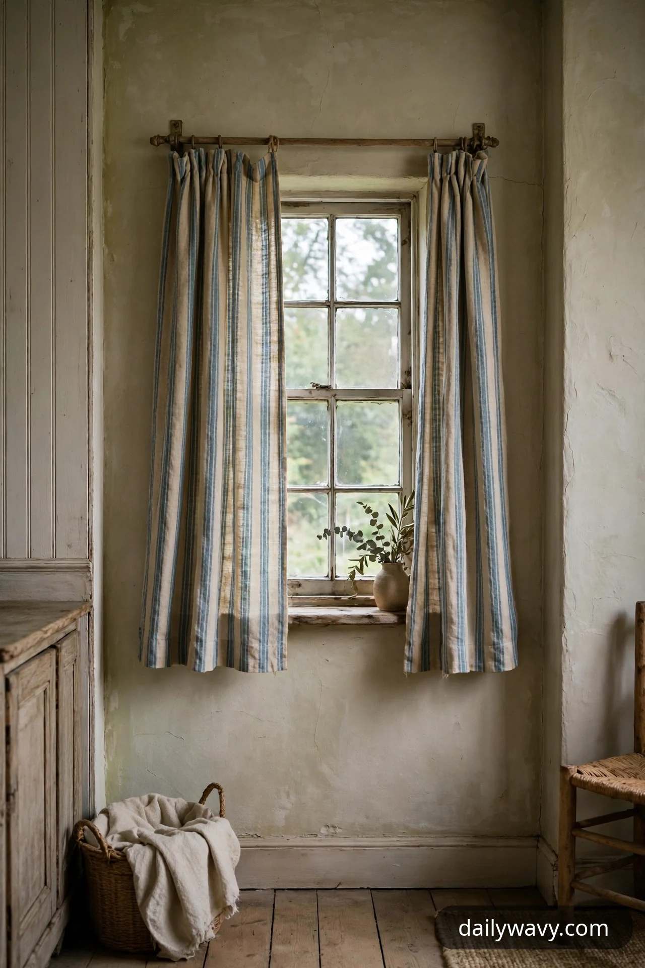 Faded ticking-stripe curtain panels in muted blue on a natural ground hang at a small sash window in a softly styled older home.