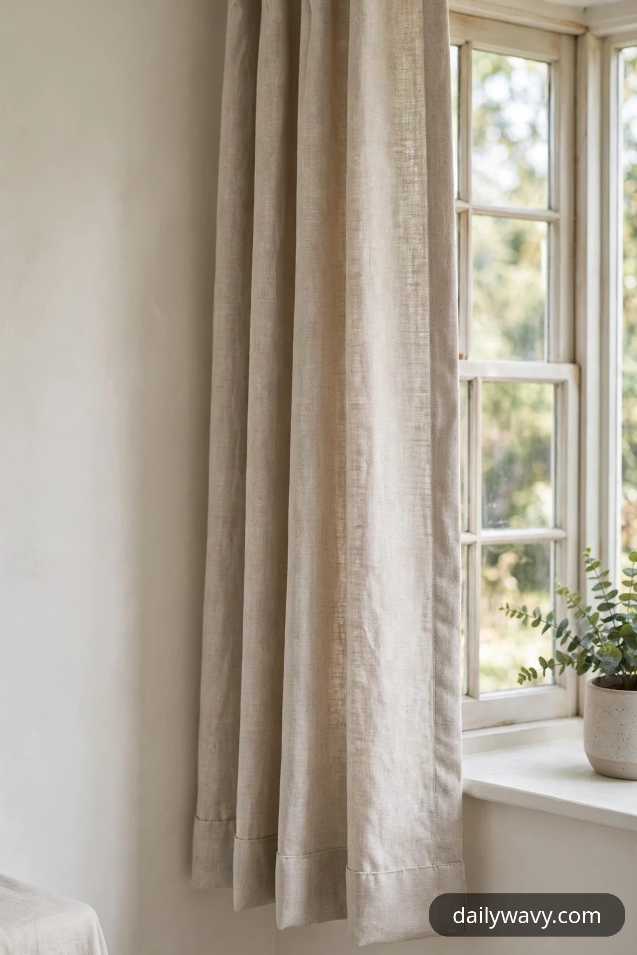 A three-quarter detail shows a linen-look curtain panel with a neat pressed hem hanging beside a small window in a tidy room.