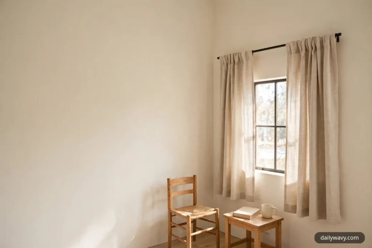 A wide view shows a small window dressed with tonal patterned curtain panels in warm greige on a slim black rod, set in a plain cream-walled room