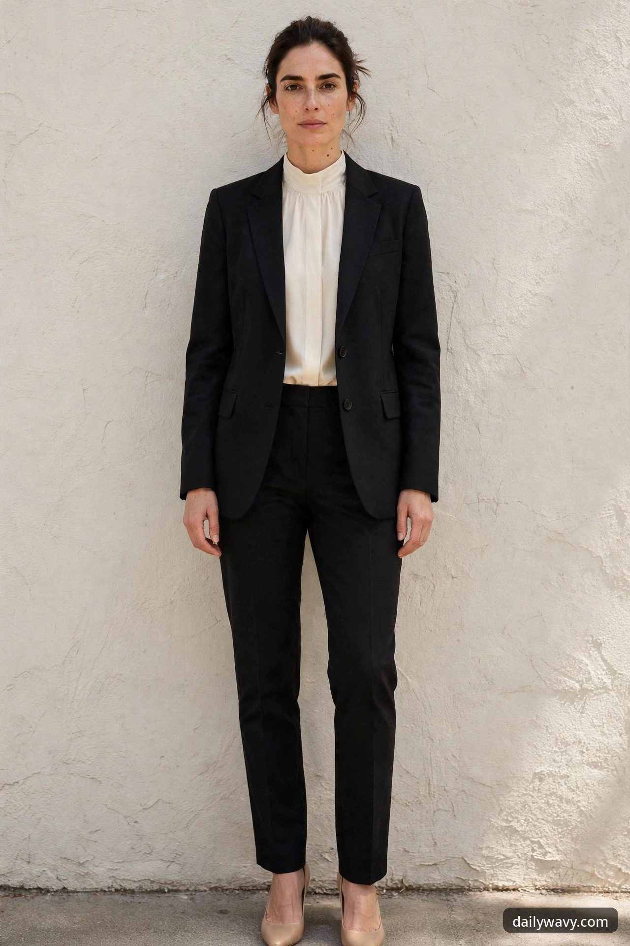 A woman stands against a white wall wearing a structured black blazer over a cream mock-neck blouse with black tailored trousers and nude pumps.