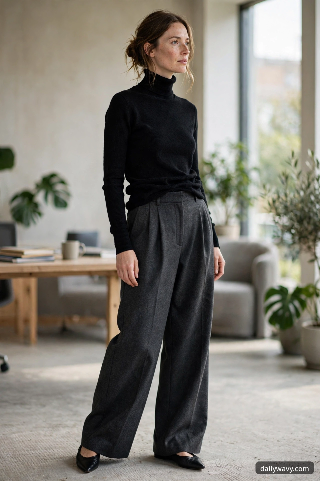 A woman stands in an office wearing a black turtleneck tucked into wide-leg charcoal wool trousers with black pointed flats.