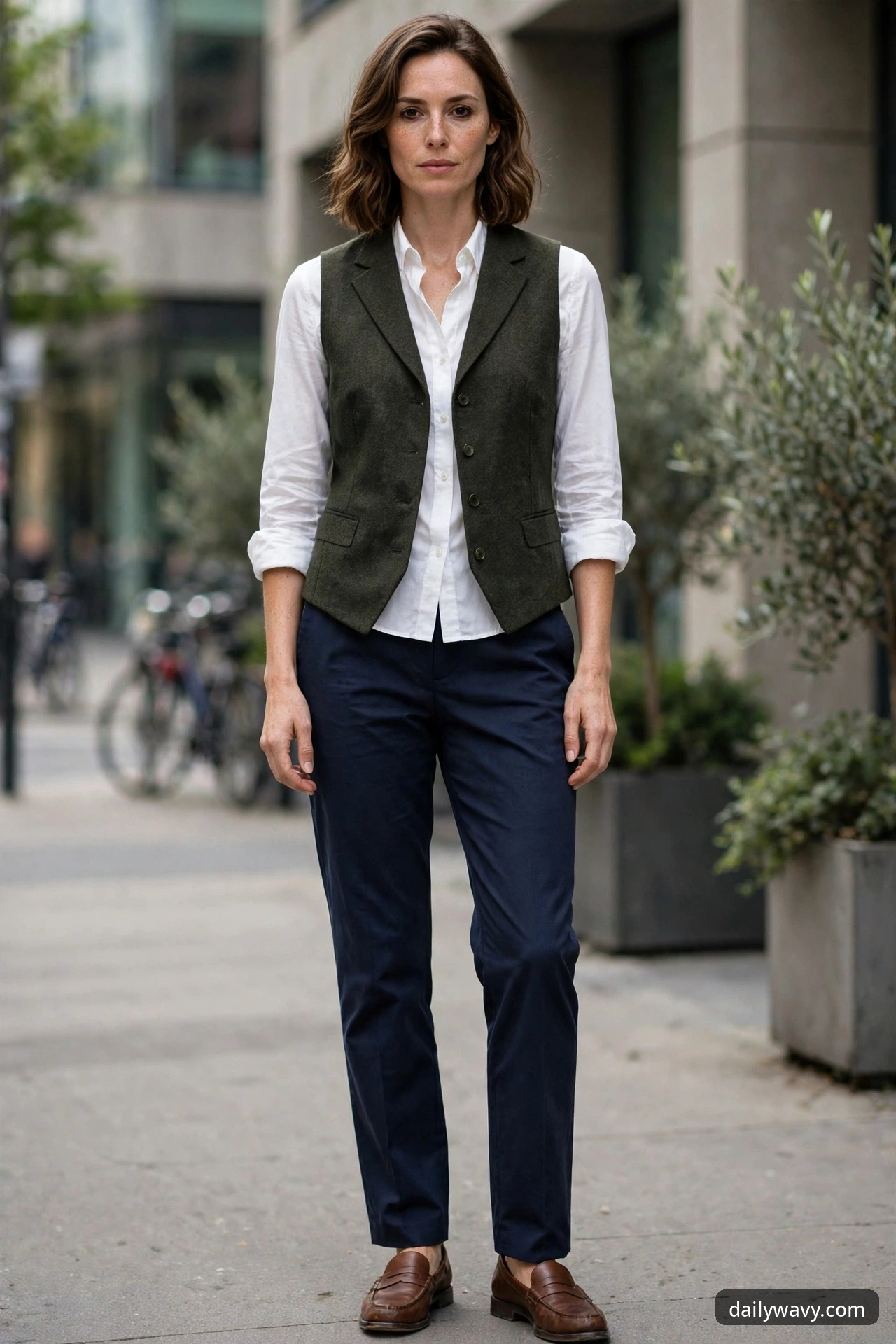 A woman stands on a city street wearing a dark olive tailored vest buttoned over an opaque white shirt with navy trousers and brown loafers.