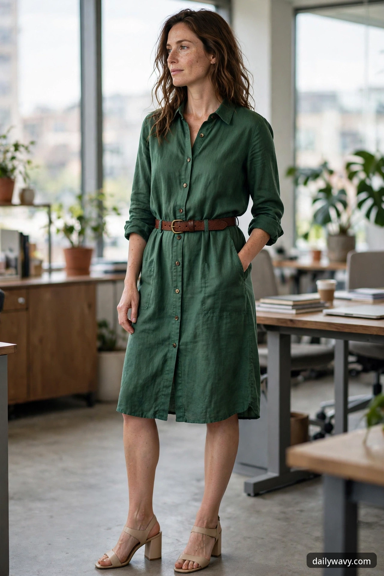 A woman stands in an office wearing a forest-green shirt dress with a wide brown leather belt and nude block-heel sandals.