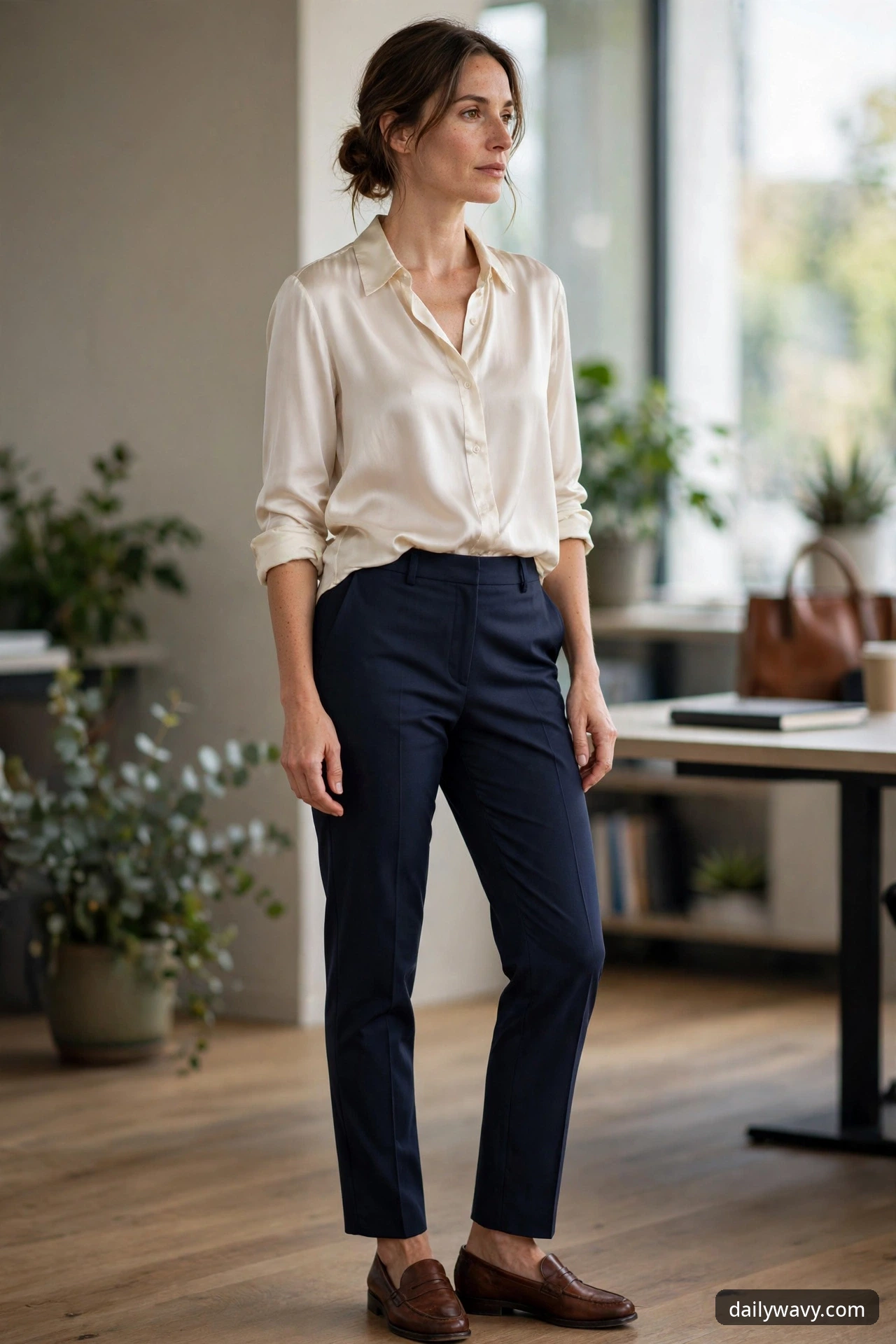 A woman stands in an office wearing an ivory silk-look blouse tucked into navy tailored trousers with brown loafers.