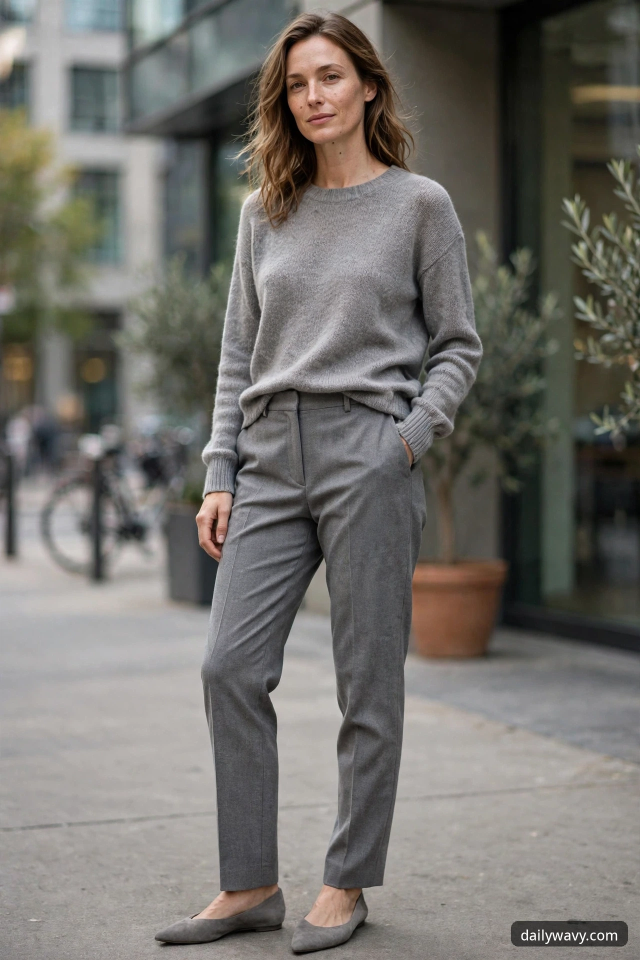 A woman stands on a city street wearing a soft gray knit top with matching gray tailored trousers and gray pointed flats.