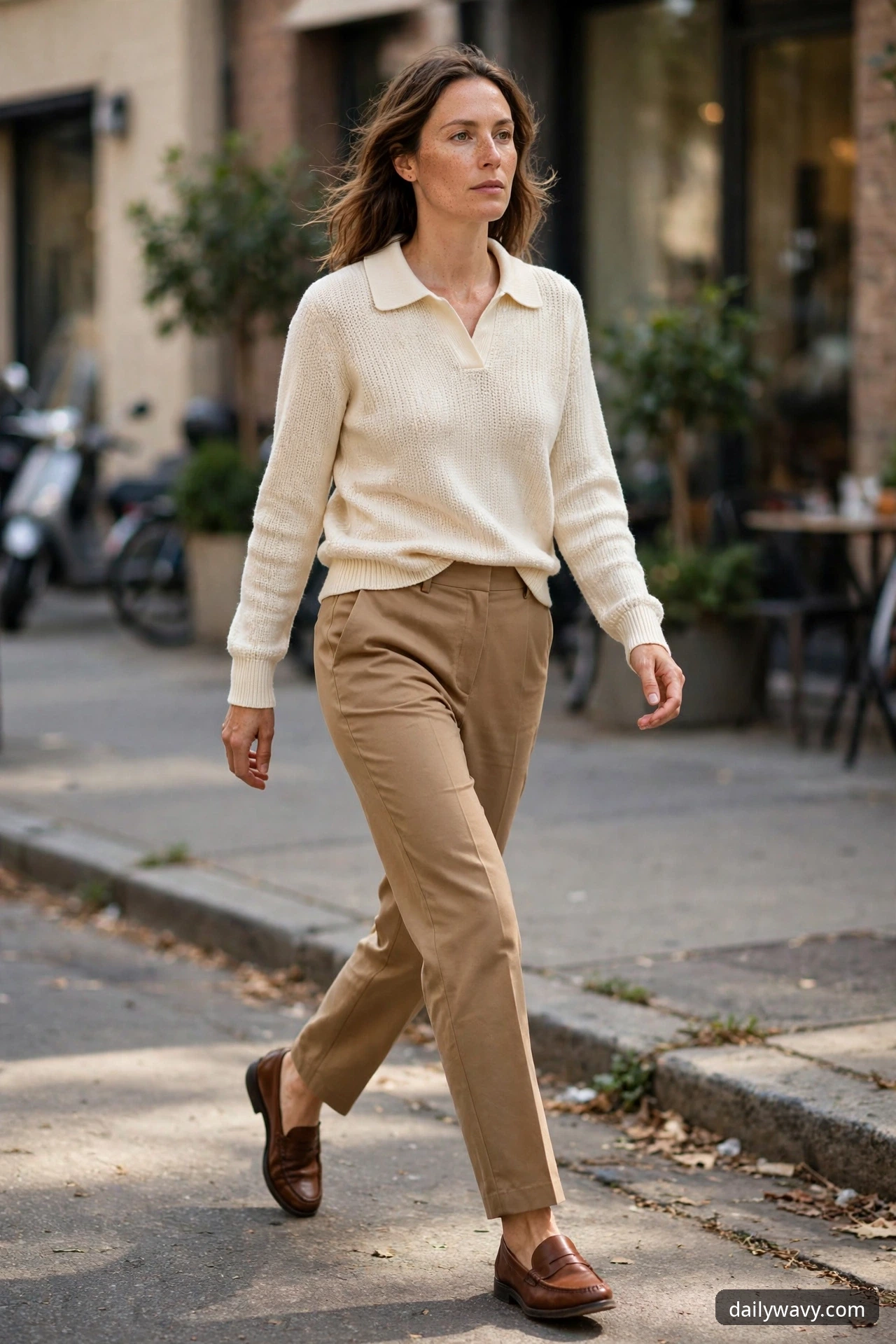 A woman walks on a city street wearing a cream knit polo sweater tucked into straight camel trousers with brown loafers.