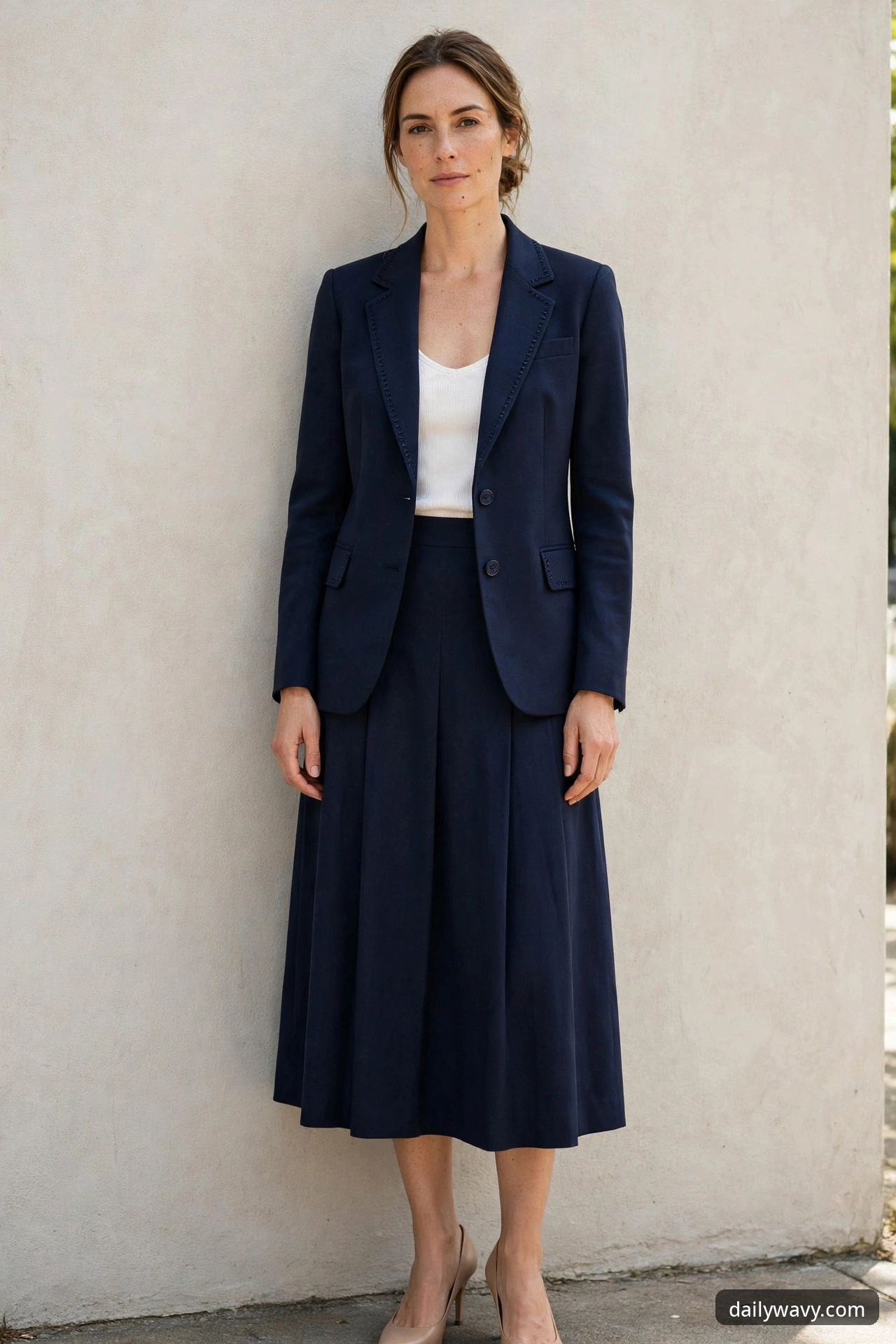 A woman stands against a white wall wearing a tailored navy jacket over a white shell top and a navy midi skirt with nude pumps.