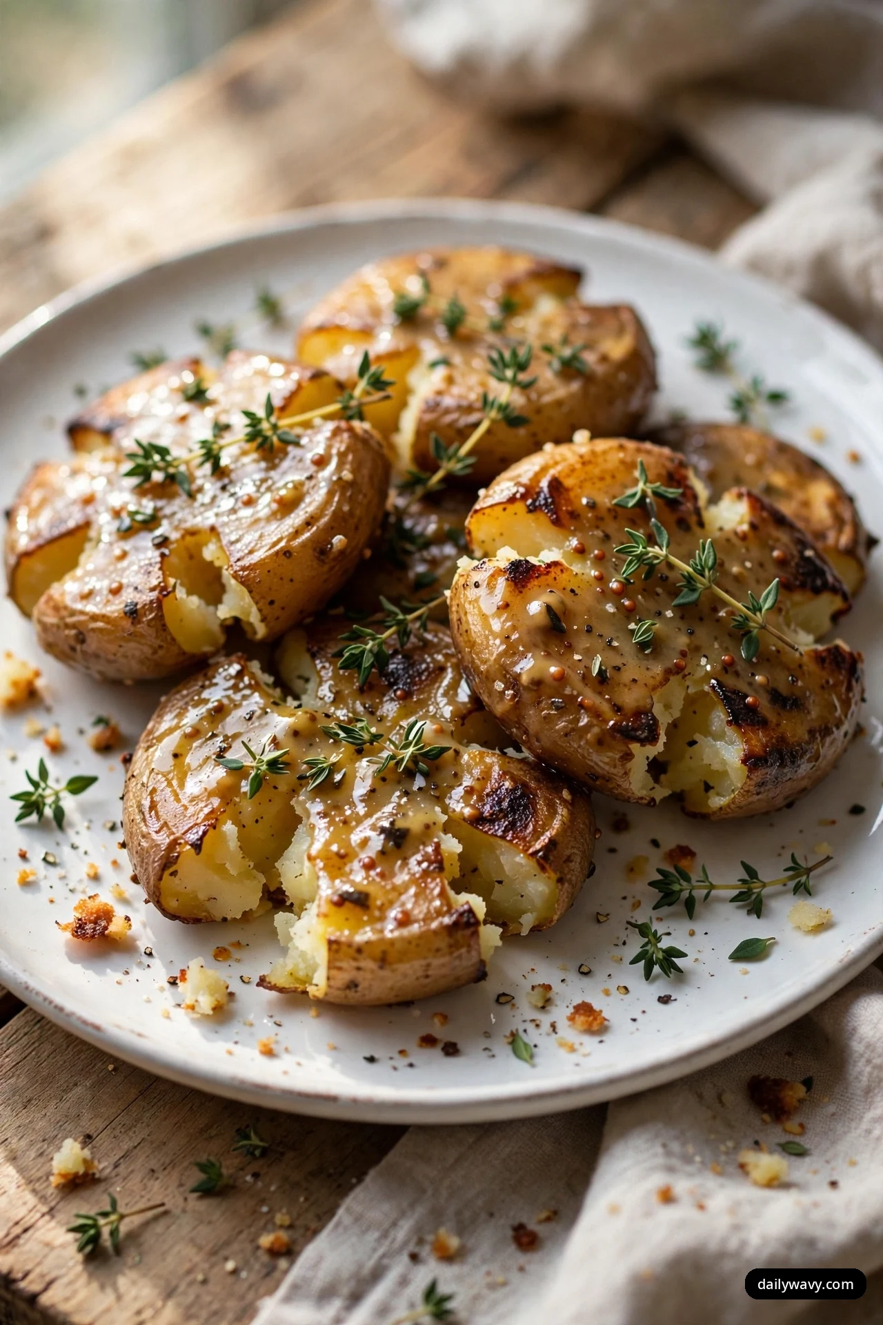 A closer view of mustard-glazed smashed potatoes with deeply crisped edges and thyme sprigs on a white plate.