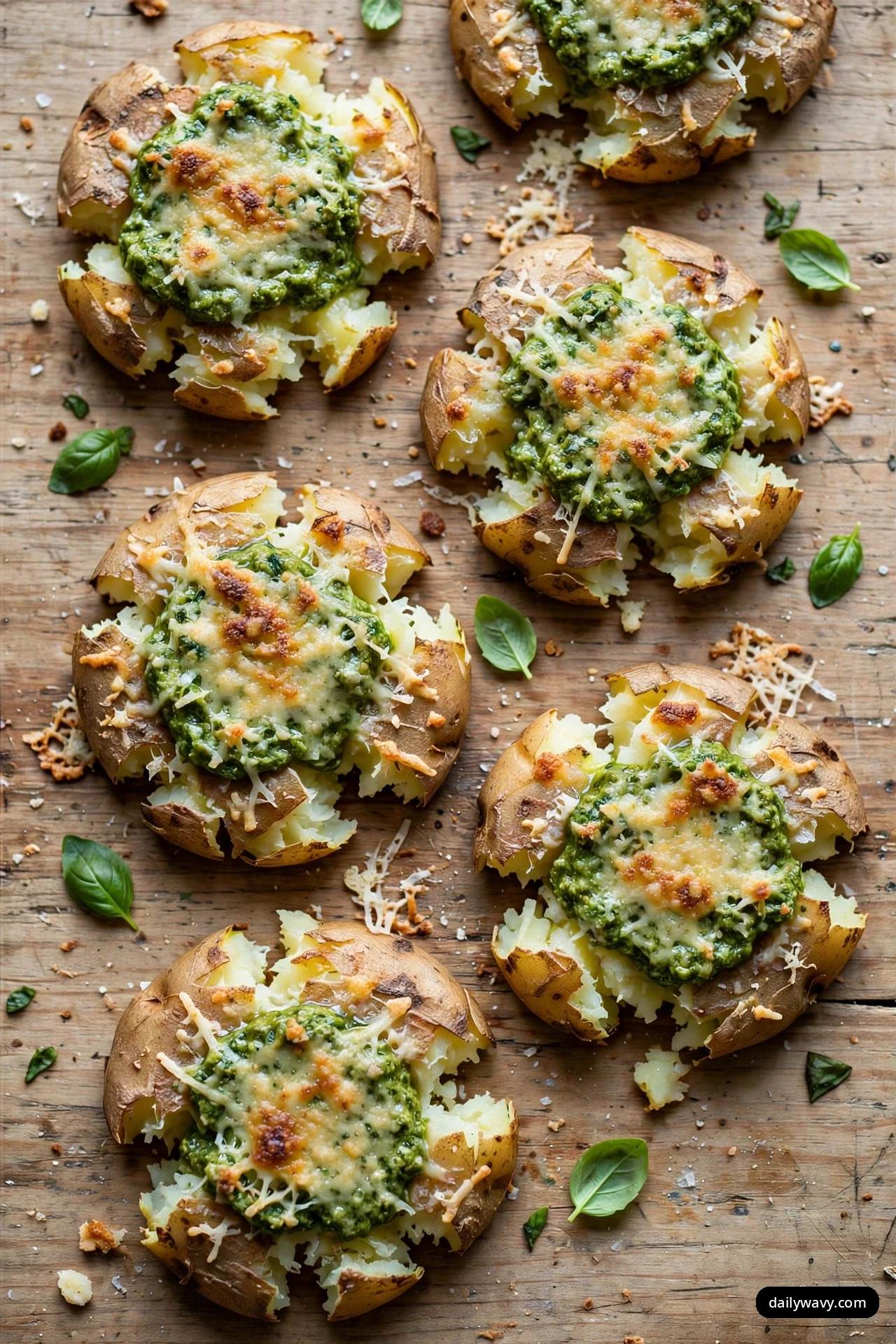 Smashed potatoes on a wooden surface are each topped with a mound of green basil pesto and melted Parmesan, with fresh basil leaves scattered around them.