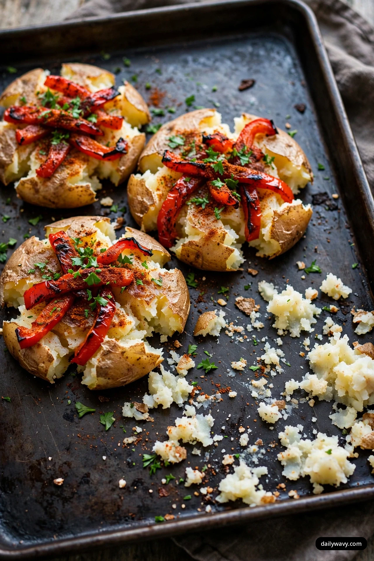 Three smashed potatoes on a dark sheet pan are topped with charred roasted red pepper strips, smoked paprika and chopped parsley.