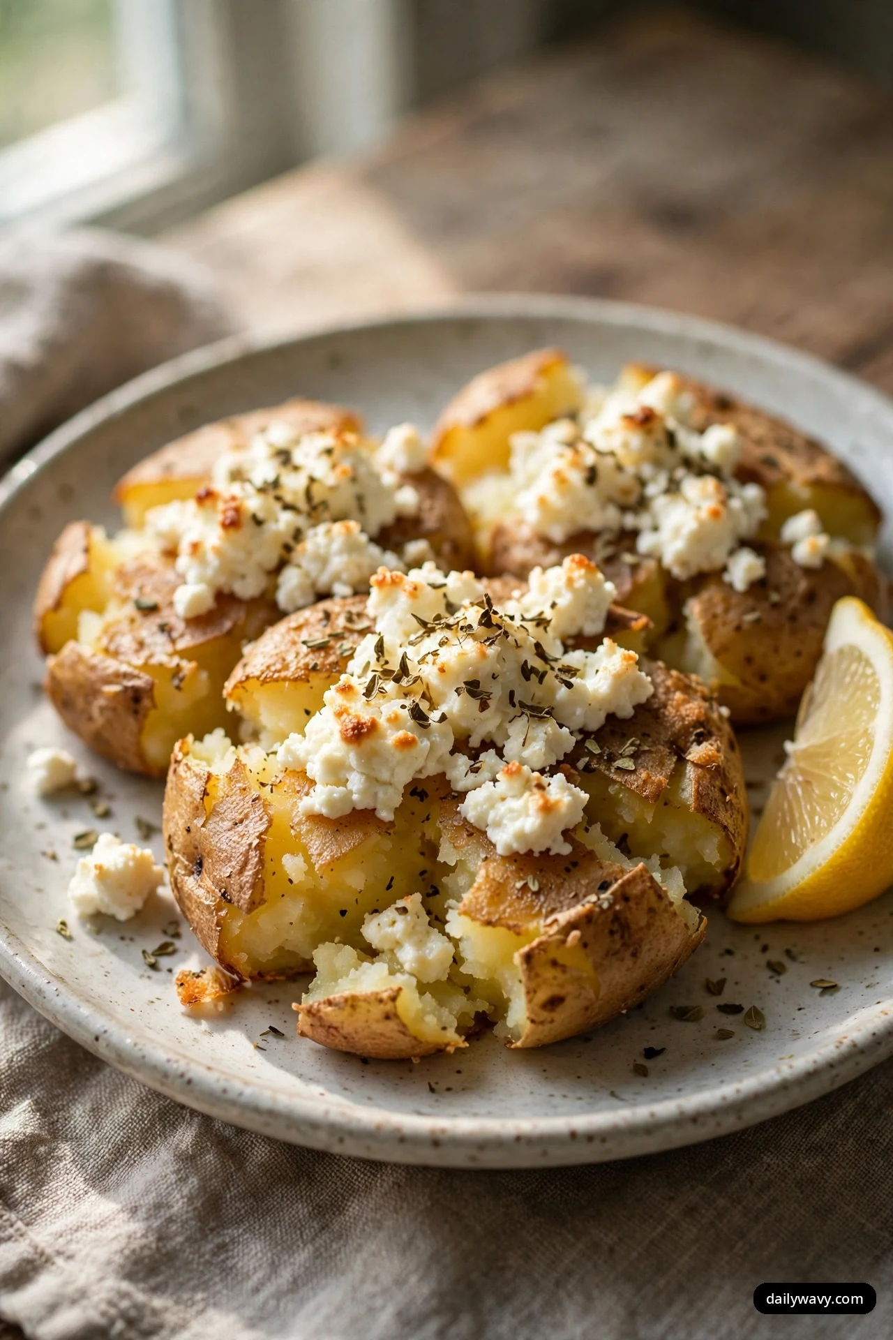 Smashed potatoes on a speckled plate are topped with crumbled feta and dried oregano, with a lemon wedge resting beside them on the plate.