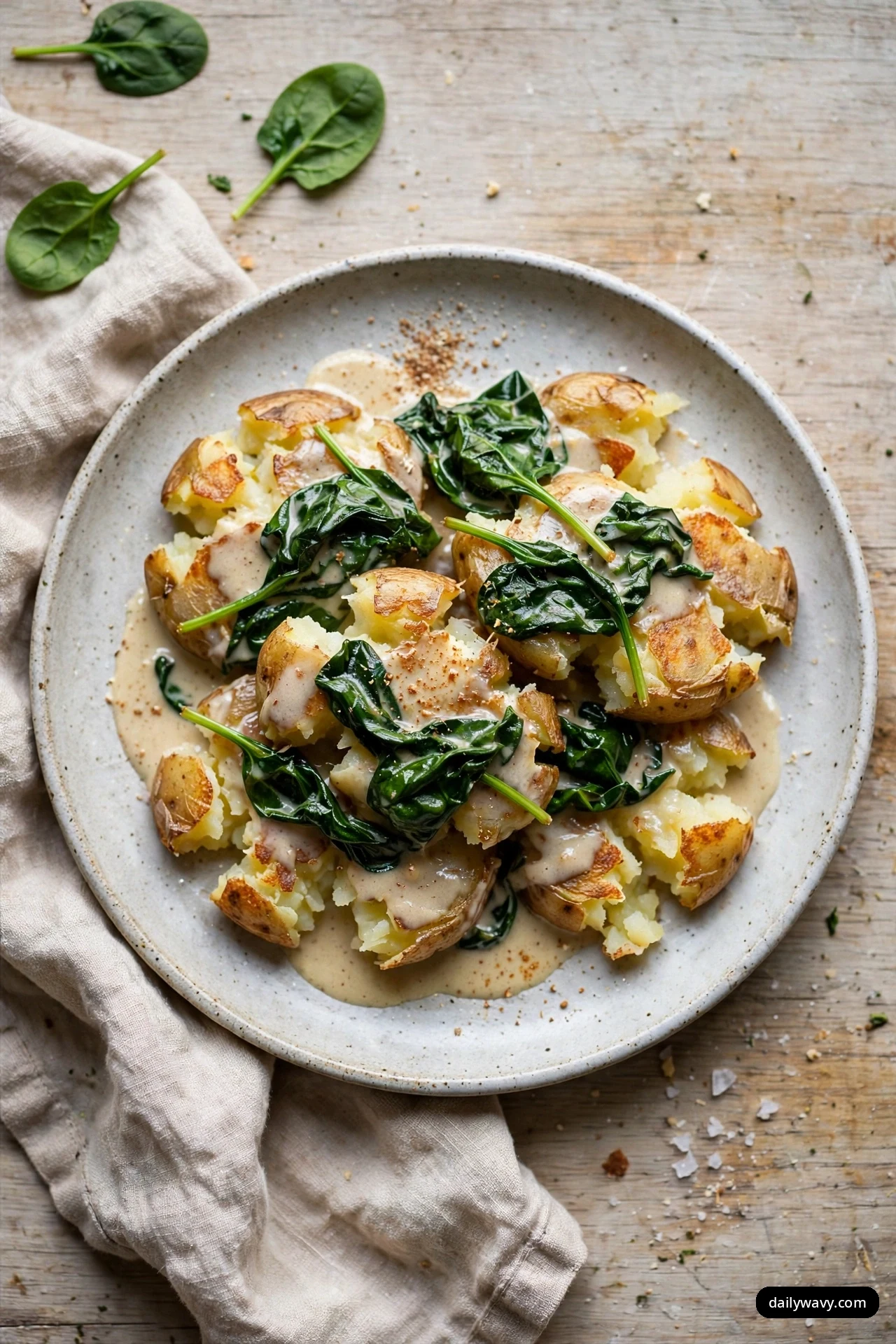 Smashed potatoes on a speckled plate are topped with wilted spinach leaves and a creamy nutmeg sauce, with fresh spinach leaves scattered on the table beside the plate.