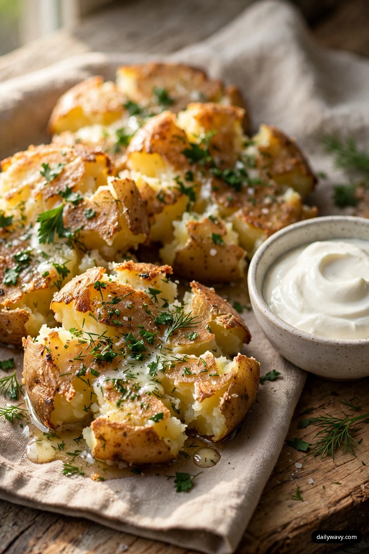 Herb-flecked smashed potatoes with crisp edges rest on a linen cloth beside a small bowl of sour cream.