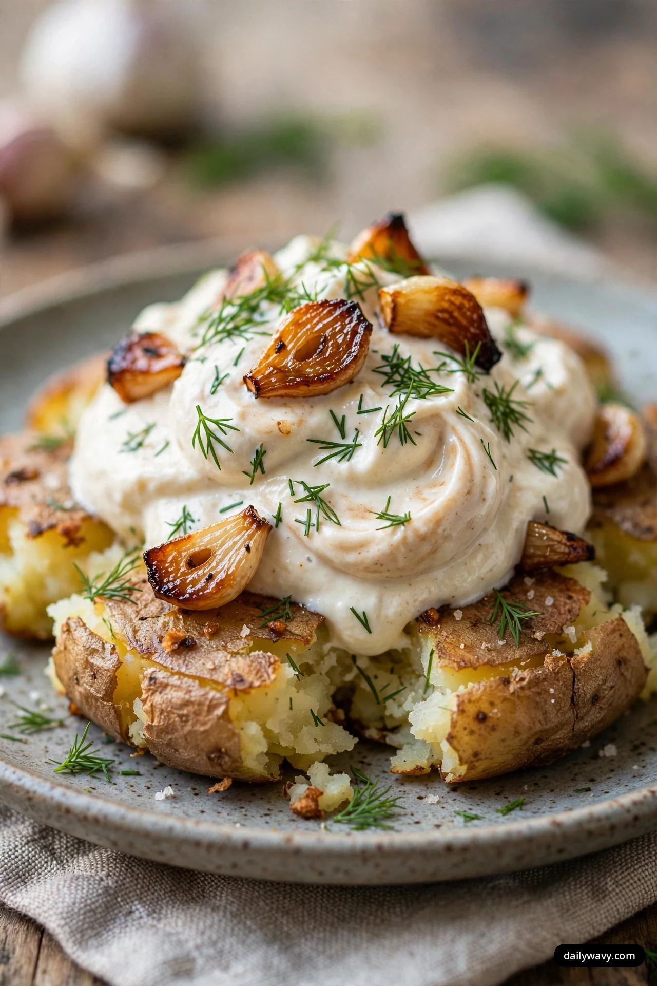 A smashed potato on a speckled plate is covered with swirled roasted garlic yogurt, caramelized garlic cloves and chopped dill.
