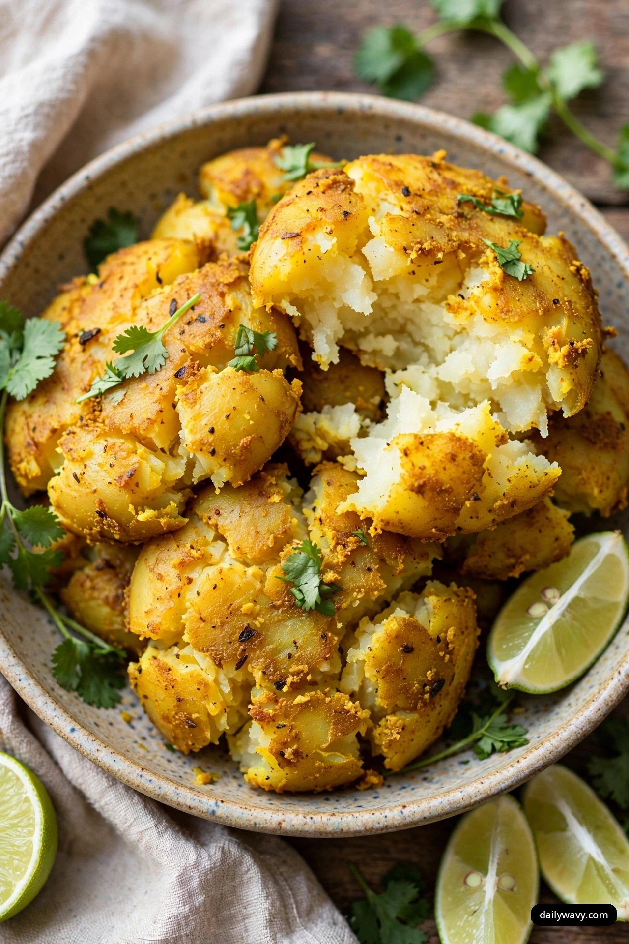 Golden curry-spiced smashed potatoes fill a speckled bowl, scattered with cilantro leaves, with lime wedges in and beside the bowl.