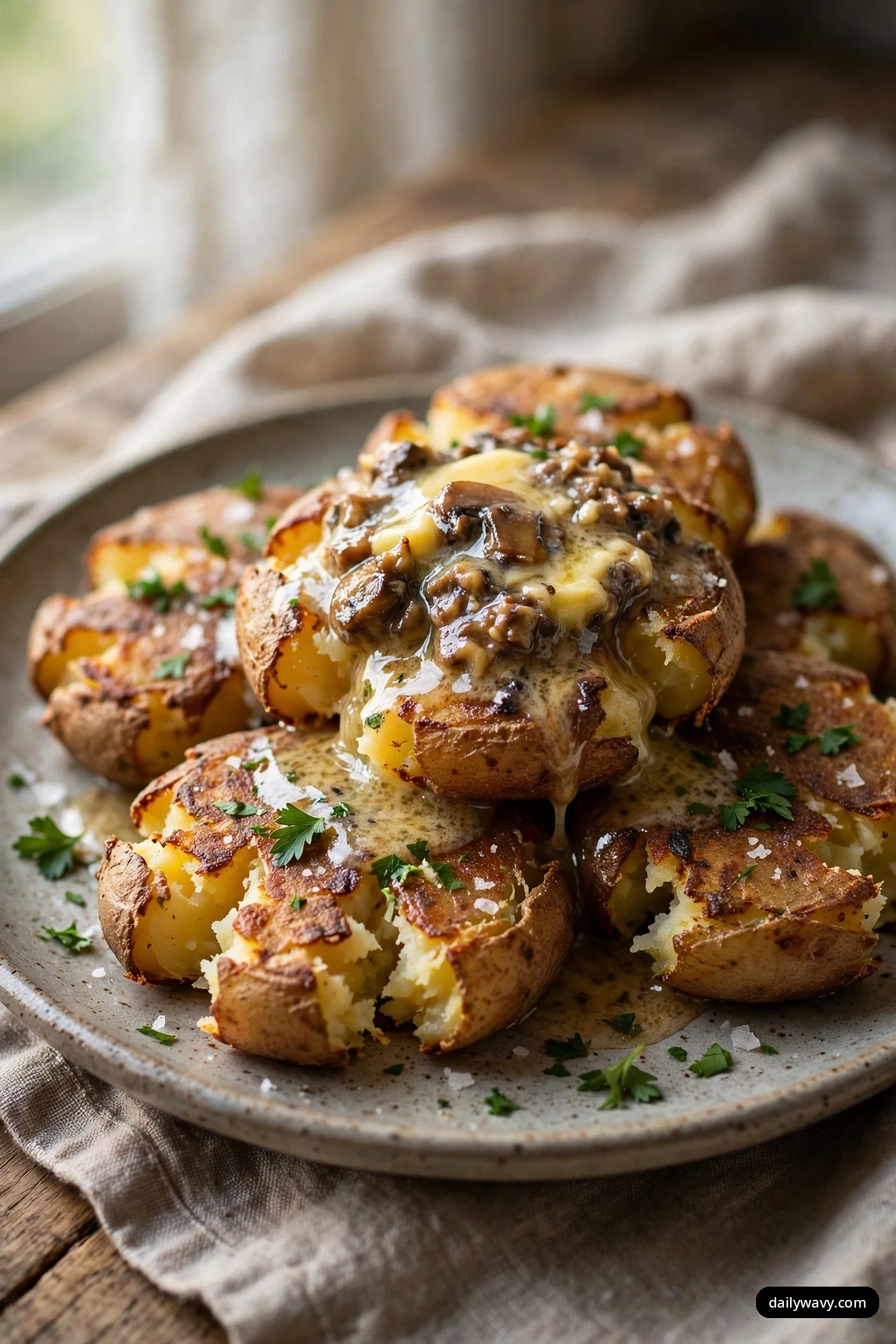 Smashed potatoes on a speckled plate are topped with melting mushroom butter and chopped parsley, with flaky salt scattered over them.