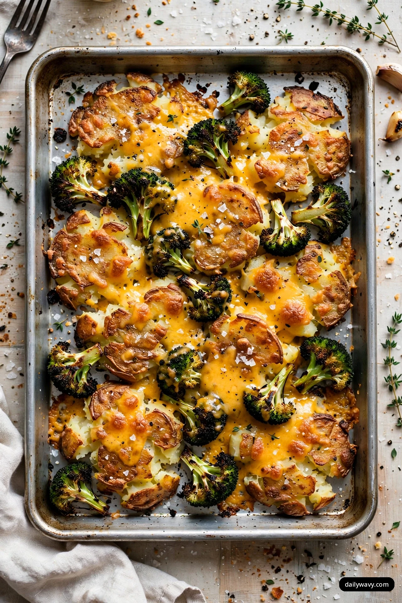 An overhead sheet pan of smashed potatoes and charred broccoli florets is covered with melted cheddar and flaky salt.
