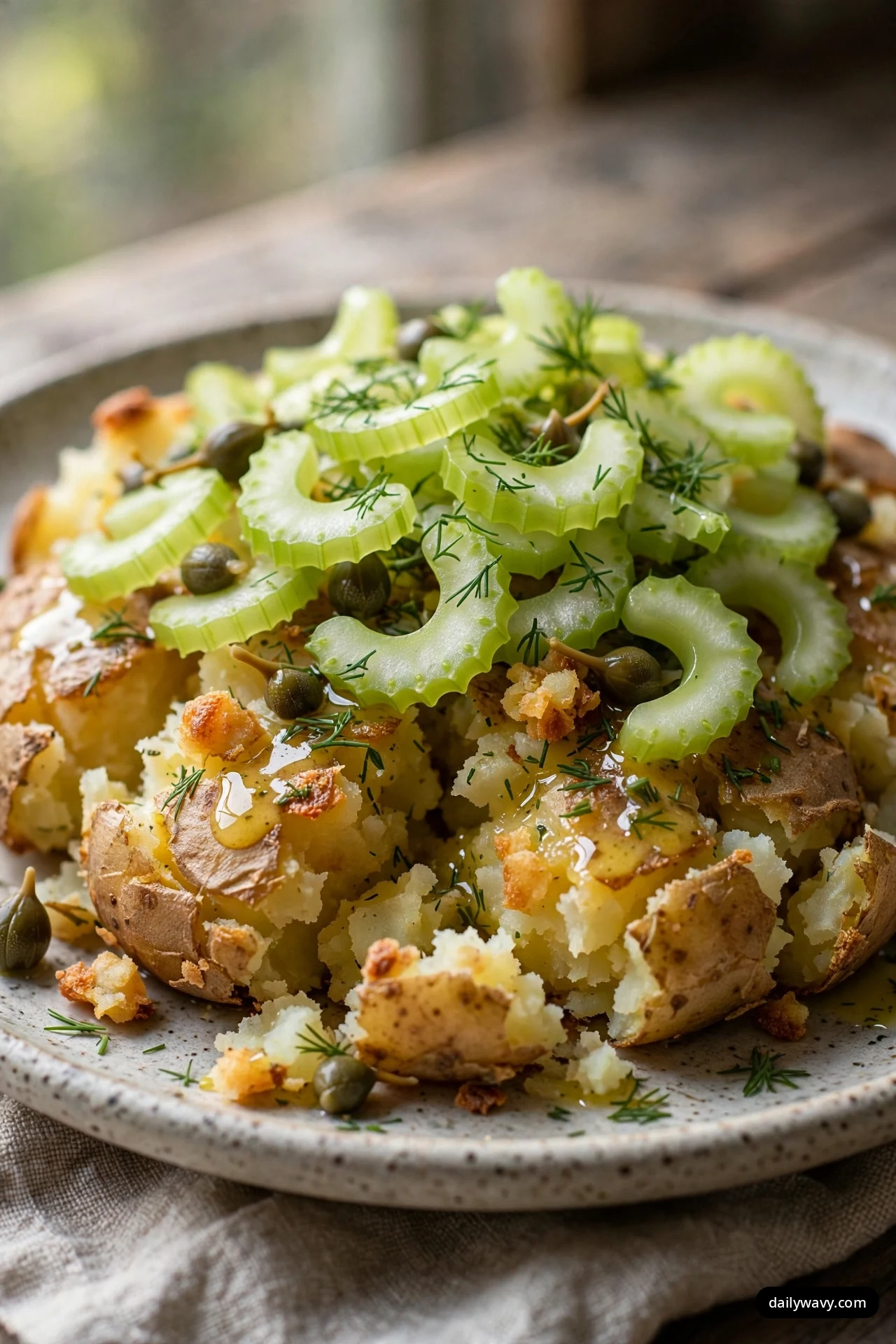 Smashed potatoes on a speckled plate are piled with sliced celery, capers and fresh dill in a glossy dressing.