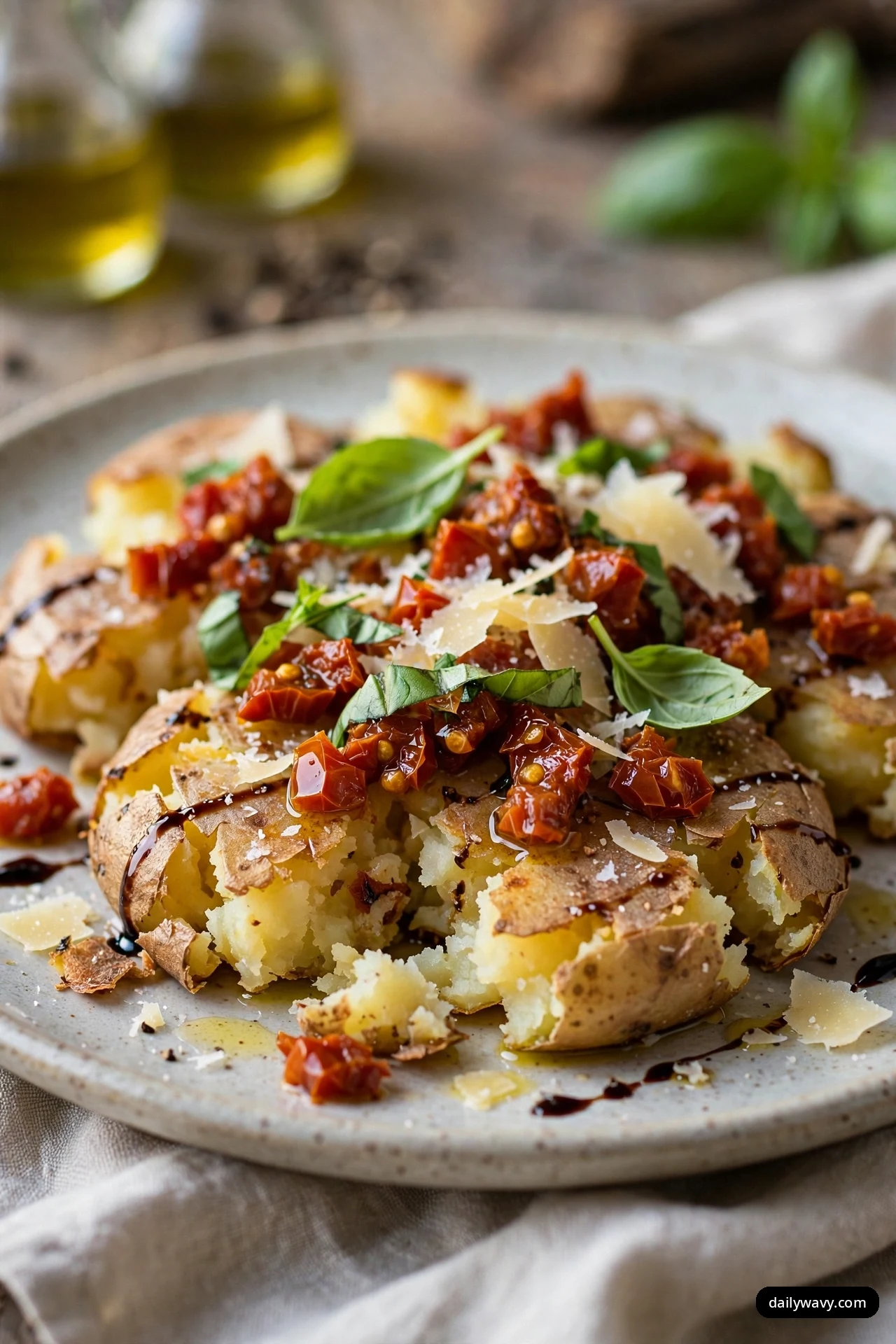 Smashed potatoes on a speckled plate are topped with chopped sun-dried tomatoes, basil leaves and shaved Parmesan, with a dark balsamic drizzle over them.