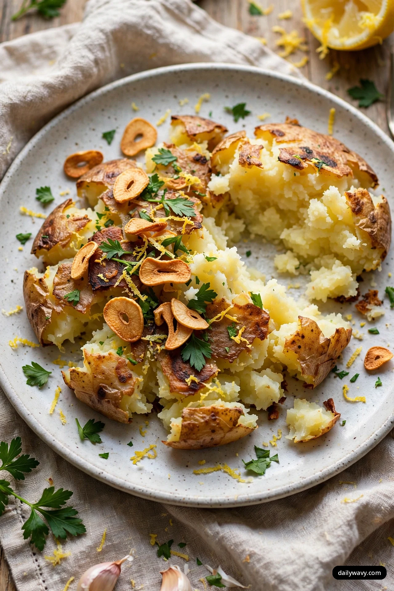 Smashed potatoes on a speckled plate are scattered with crisp golden garlic chips, chopped parsley and lemon zest.