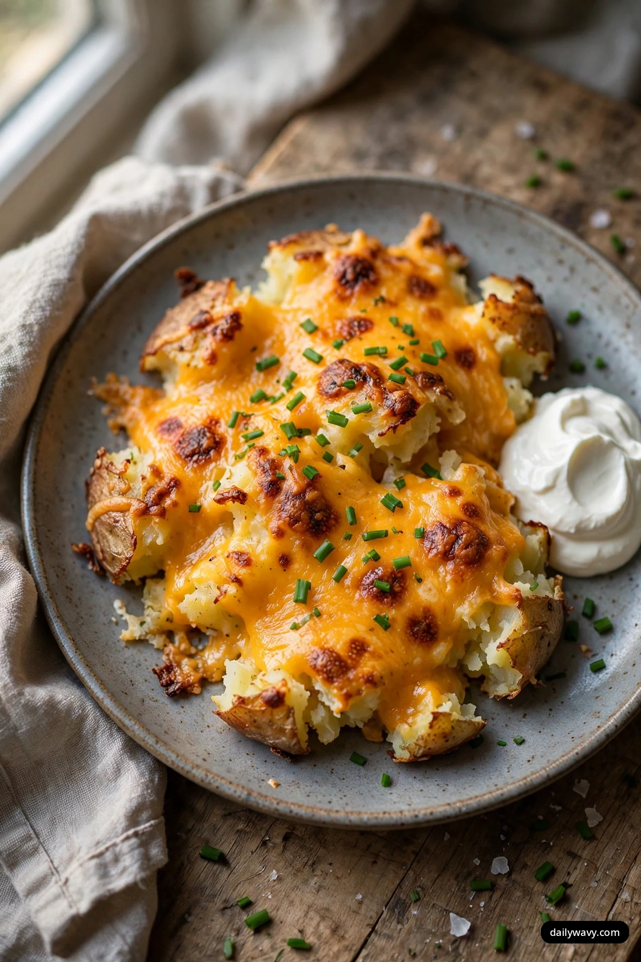 Smashed potatoes on a speckled plate are covered with melted, browned cheddar and snipped chives, with a dollop of sour cream beside them on the plate.