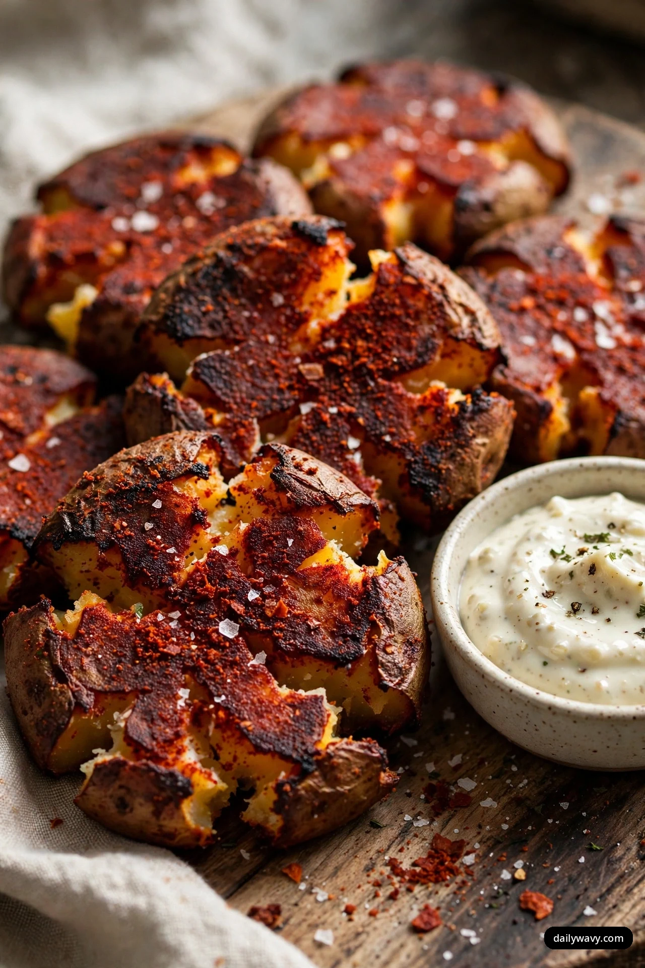 Dark paprika-coated smashed potatoes with crisp, charred edges sit on a wooden board beside a small bowl of garlic aioli.