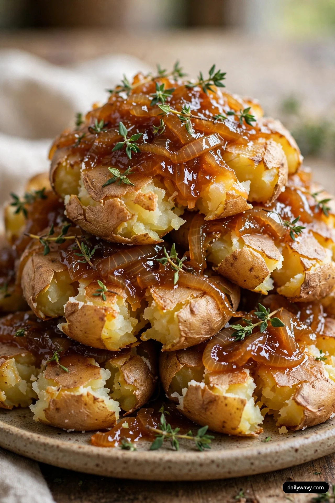 Smashed potatoes on a speckled plate are piled high with glossy caramelized onions and fresh thyme sprigs.