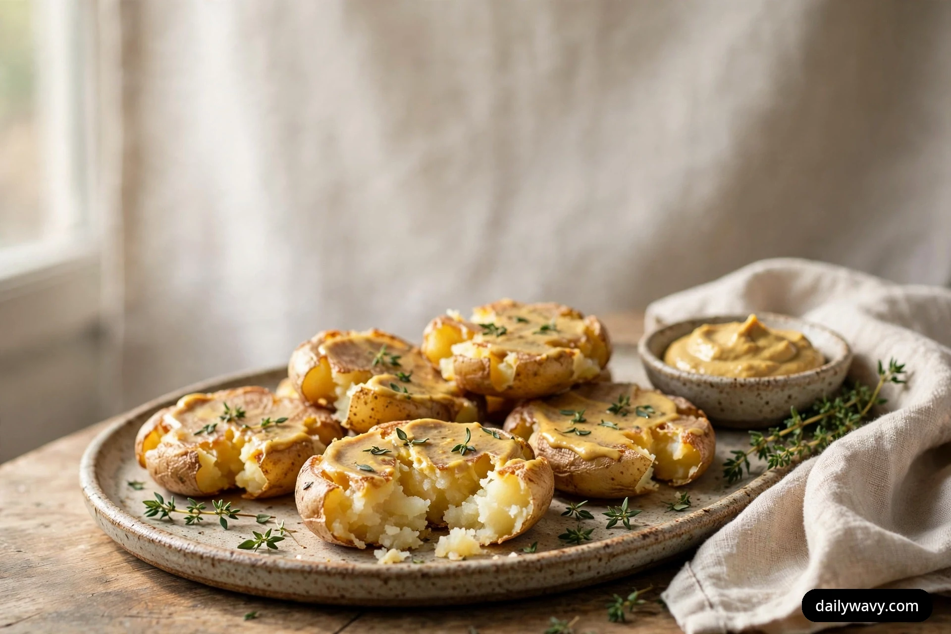 Mustard-glazed smashed potatoes with crisp golden edges and fresh thyme leaves sit on a speckled serving platter, with a small bowl of mustard beside them on the platter.