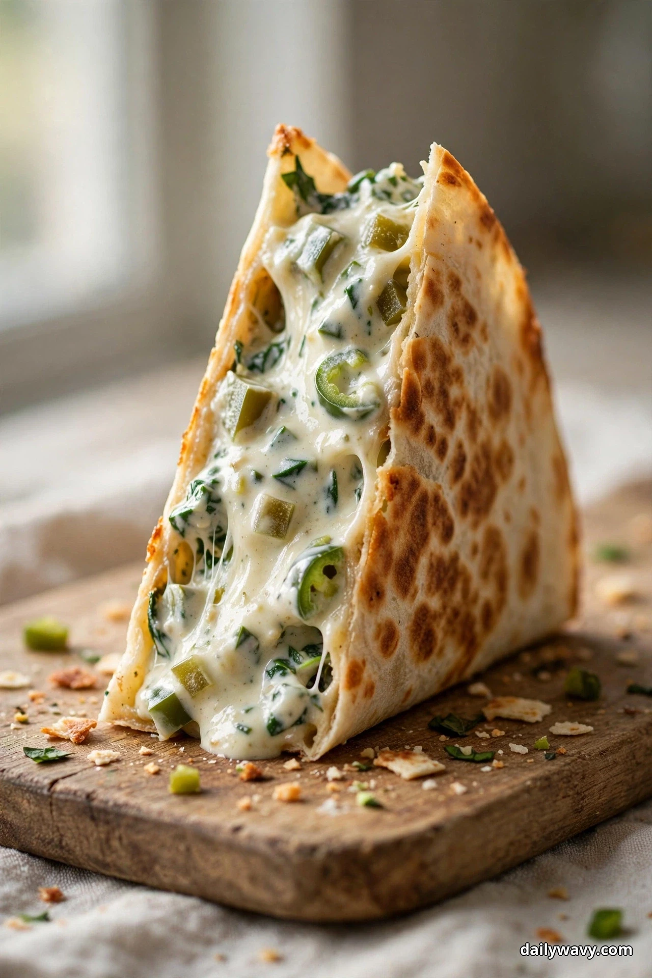 A closer view shows a single quesadilla wedge standing upright on a wooden board, its creamy spinach and jalapeño filling spilling from the cut face