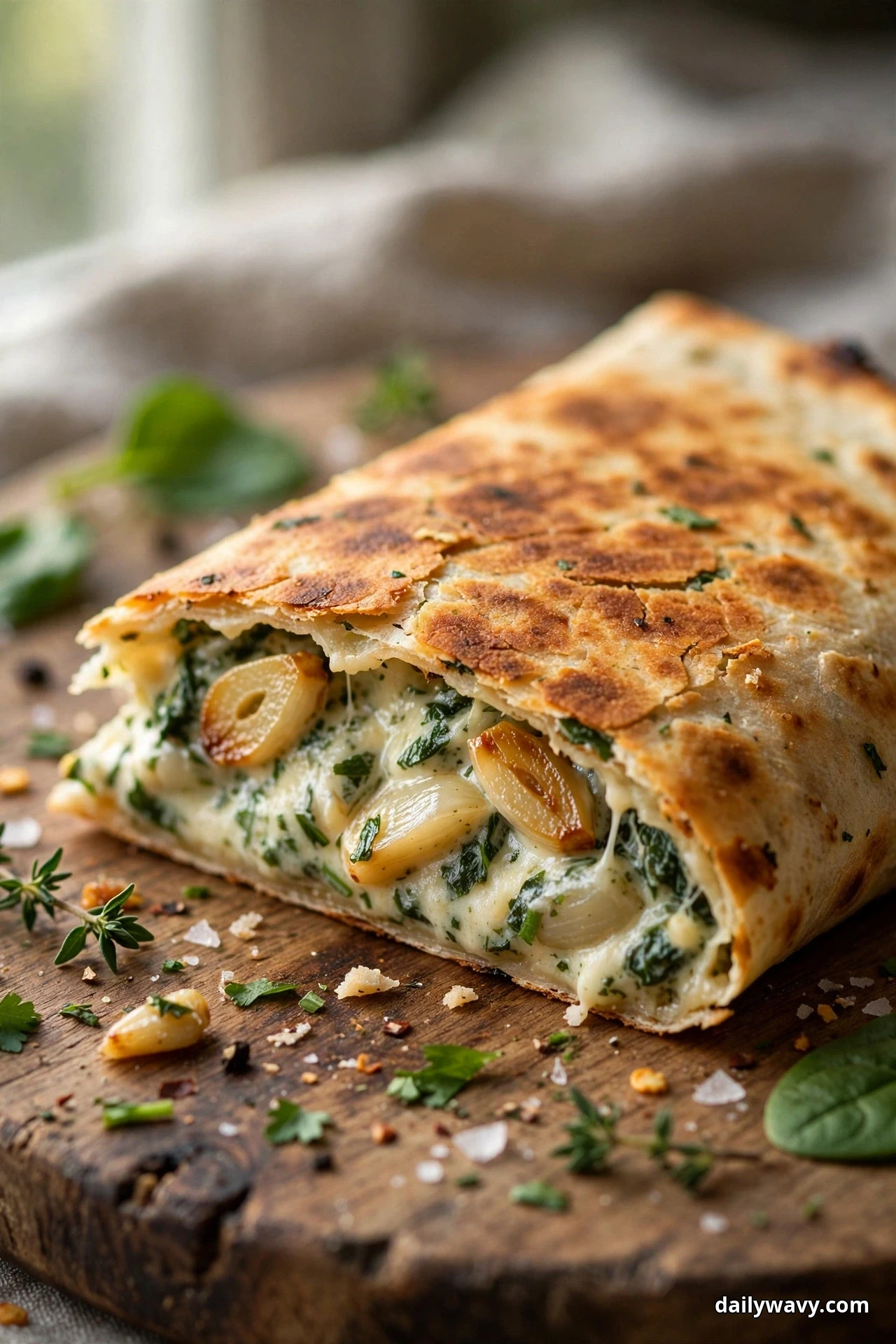 A close view shows a cut quesadilla revealing whole golden roasted garlic cloves folded through a creamy spinach and herb filling
