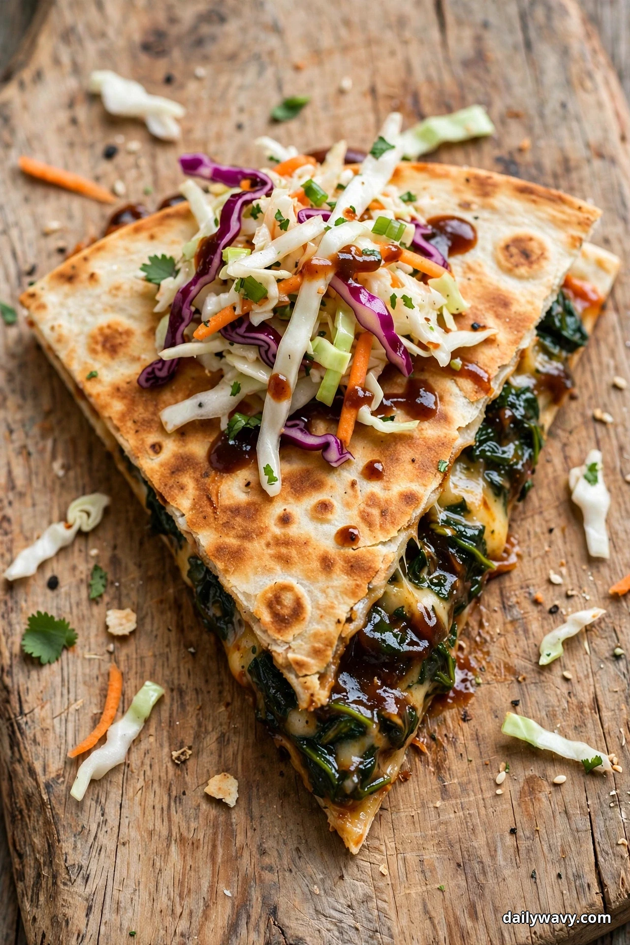 A golden quesadilla wedge topped with shredded cabbage slaw and a barbecue sauce drizzle sits on a wooden board above its dark spinach filling