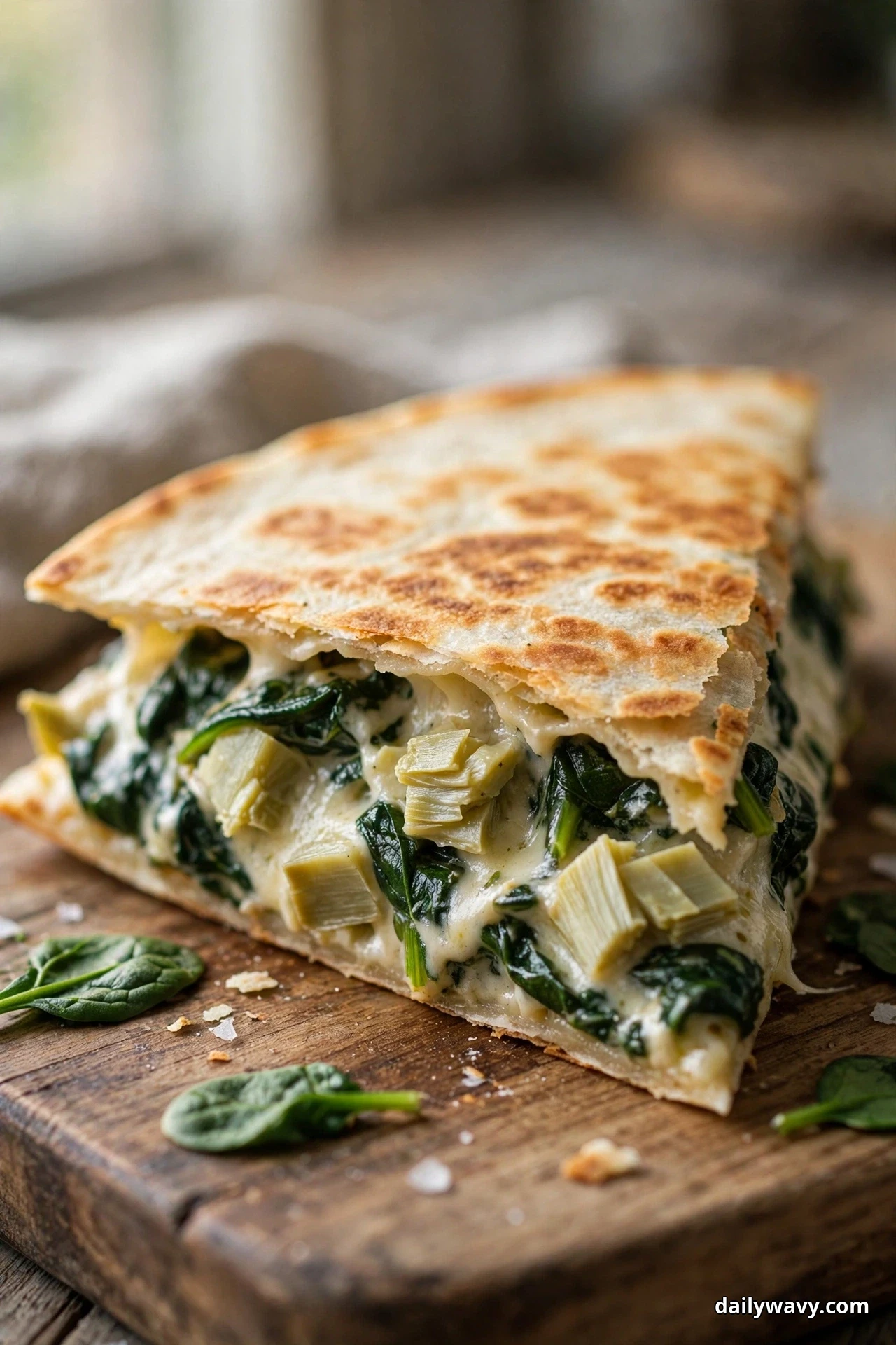 A cut quesadilla wedge shows chopped artichoke hearts folded through a creamy spinach and cheese filling on a wooden board