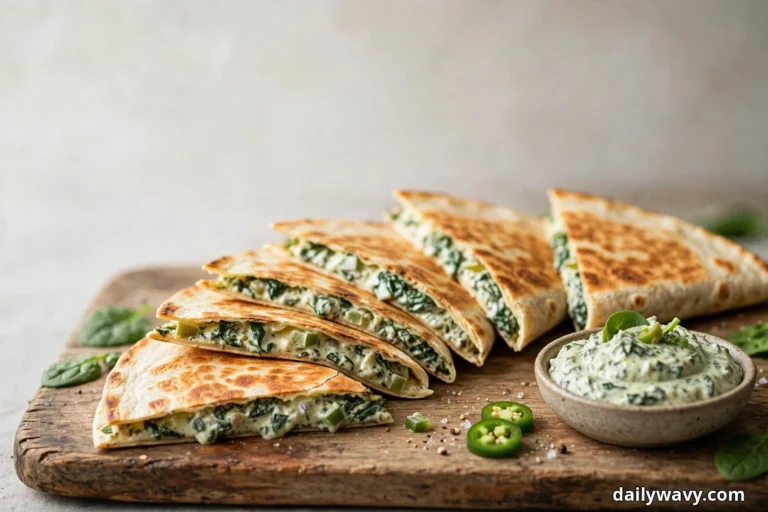 A wide view shows golden spinach quesadilla wedges fanned across a wooden board, their cut faces revealing a creamy spinach and jalapeño filling, with a small bowl of green-flecked dip and sliced jalapeños beside them