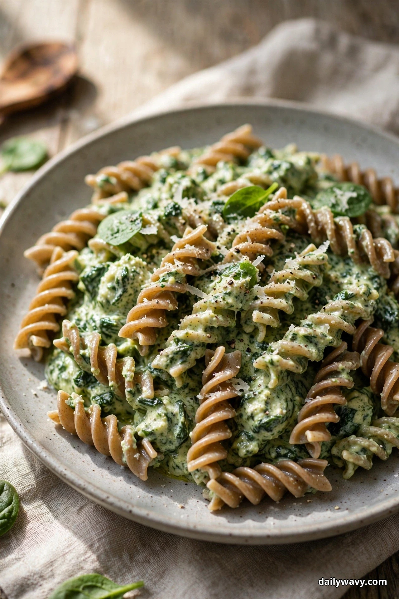A close view of whole-wheat fusilli twists coated in creamy spinach ricotta sauce and flecked with grated cheese and black pepper fills a speckled plate over linen