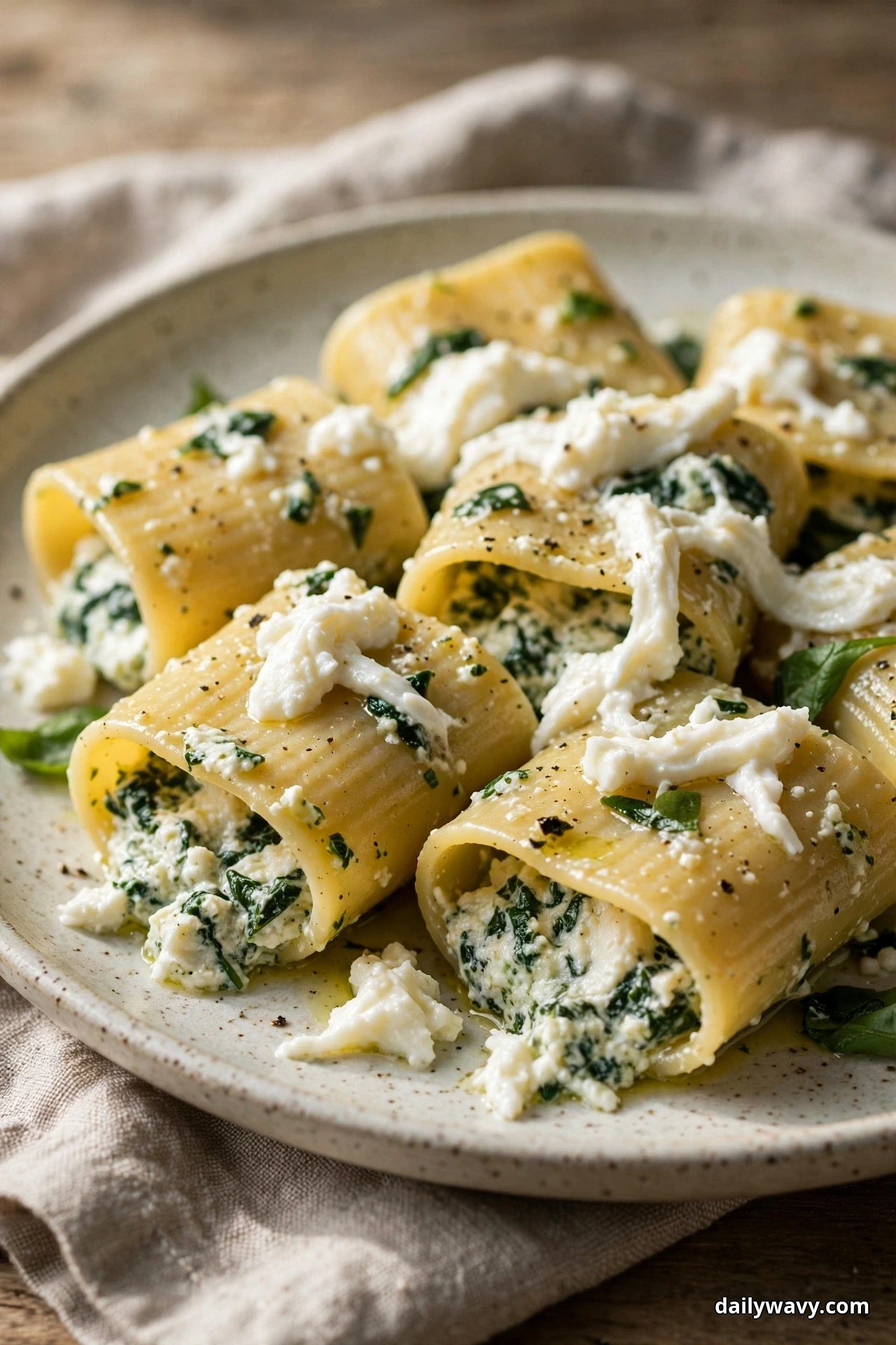 A close view of large paccheri tubes filled with spinach ricotta and topped with torn mozzarella rests on a speckled plate over linen