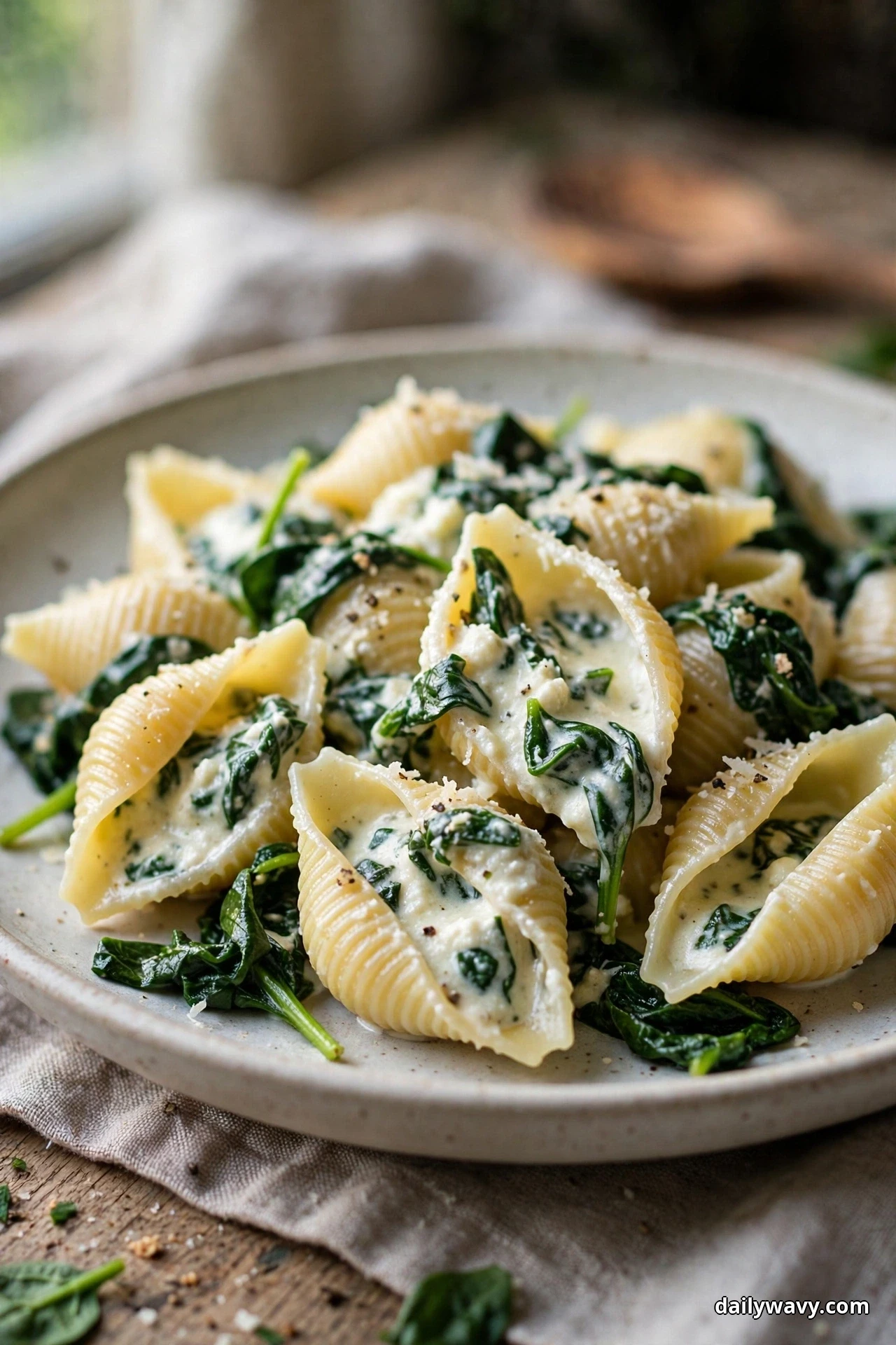 A close view of large conchiglie shells holding creamy ricotta sauce and wilted spinach leaves fills a speckled plate on linen by a window