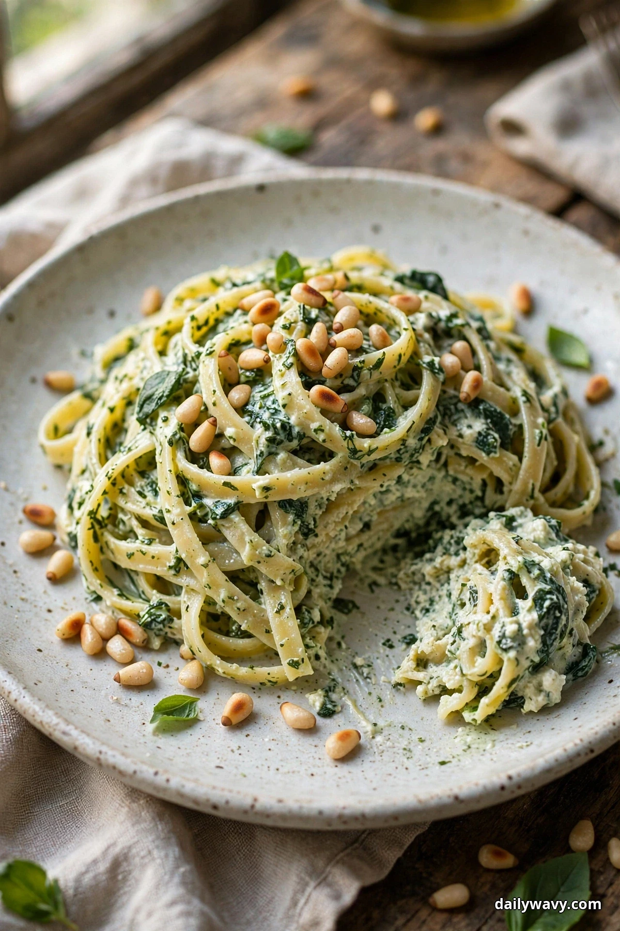 A speckled plate of fettuccine ribbons in creamy spinach ricotta sauce is topped with toasted pine nuts, with one serving pulled aside on the plate