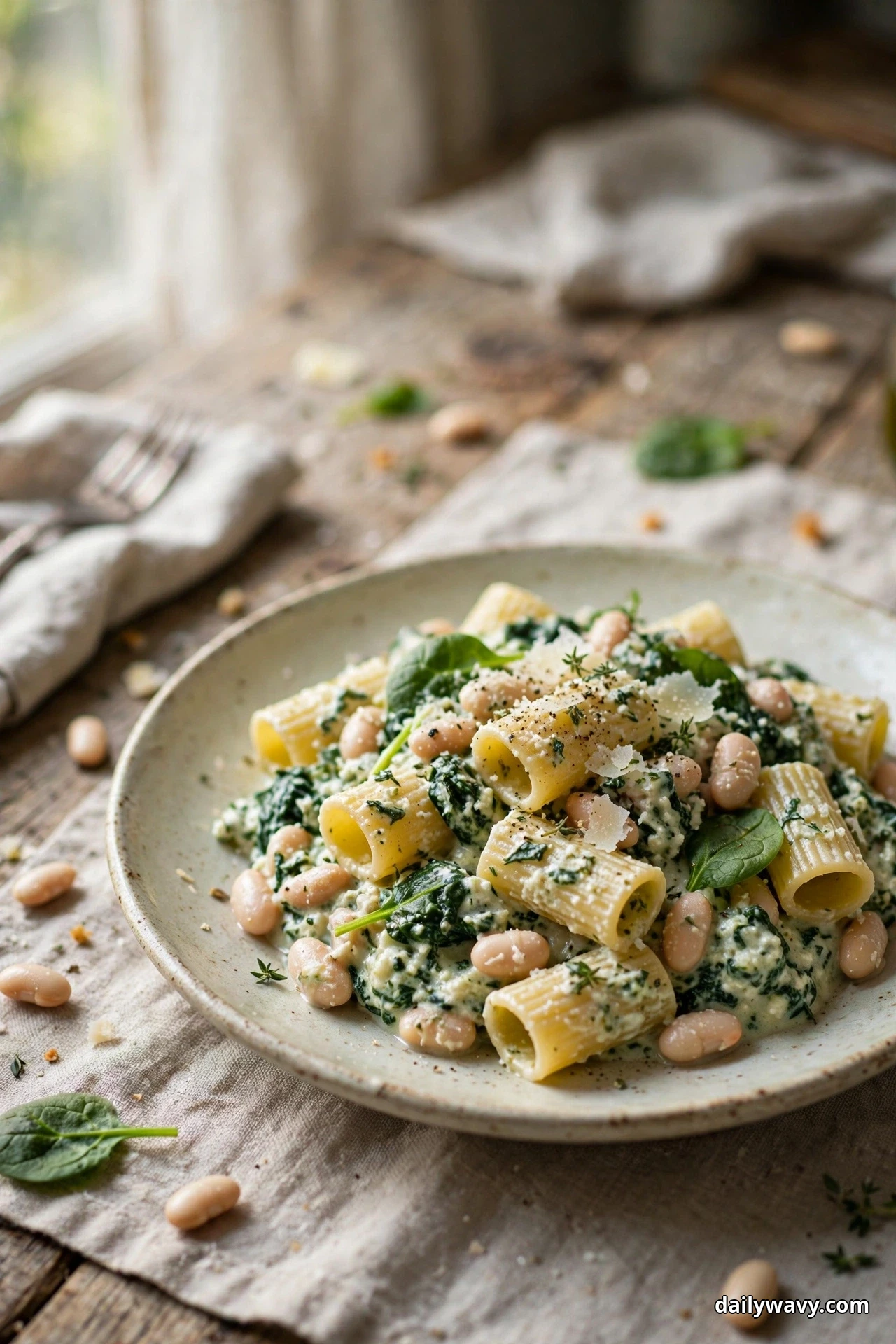 A speckled shallow bowl of rigatoni tubes and whole cannellini beans in creamy spinach sauce, topped with shaved Parmesan, sits on linen over a wooden table with loose beans scattered around it