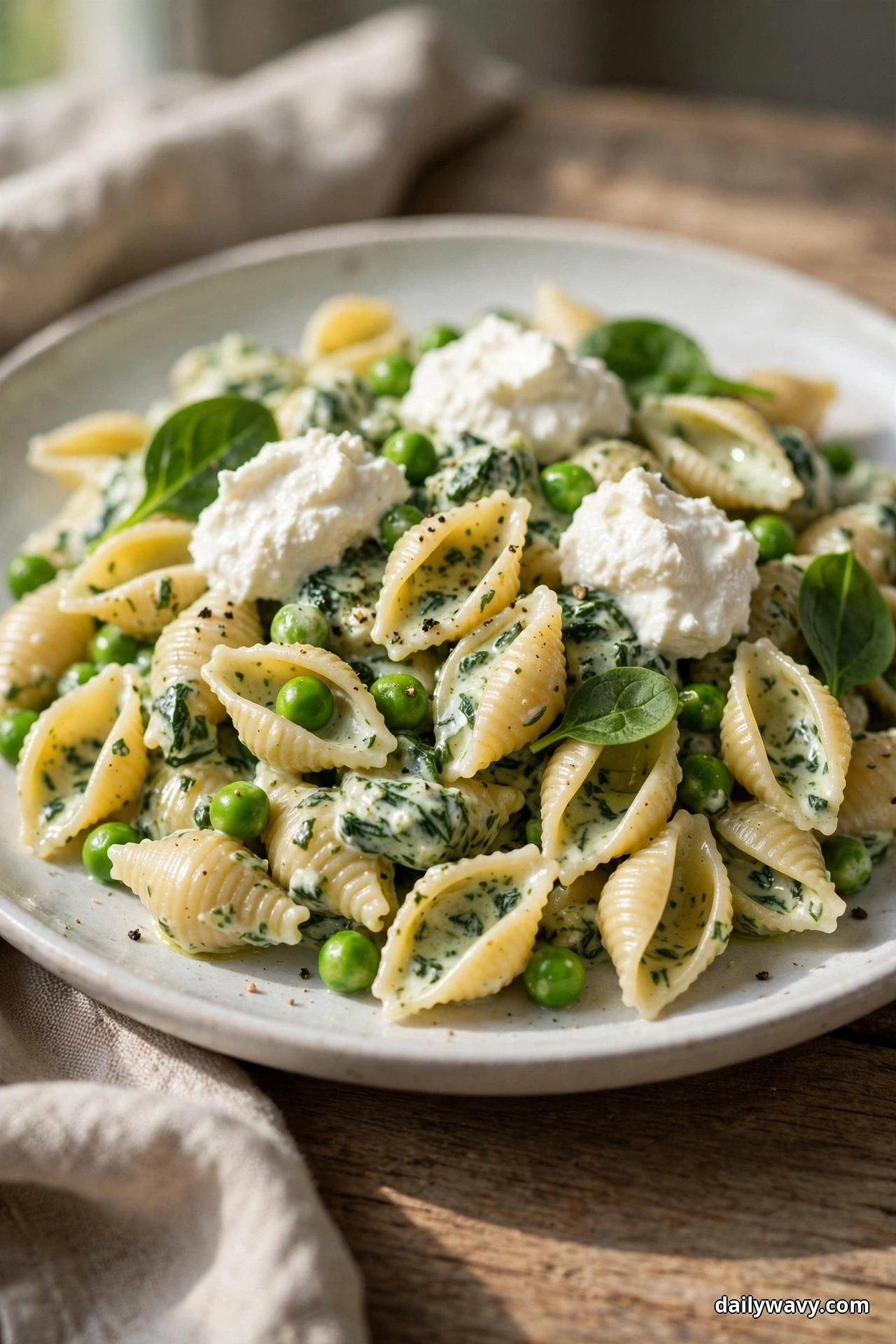 A close view of small pasta shells and bright green peas in creamy spinach sauce, topped with dollops of ricotta, fills a speckled plate on a wooden table
