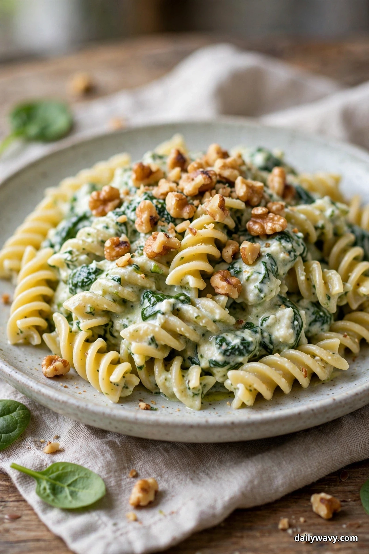 An eye-level view of fusilli spirals in creamy spinach ricotta sauce topped with chopped toasted walnuts fills a speckled plate on linen over a wooden table
