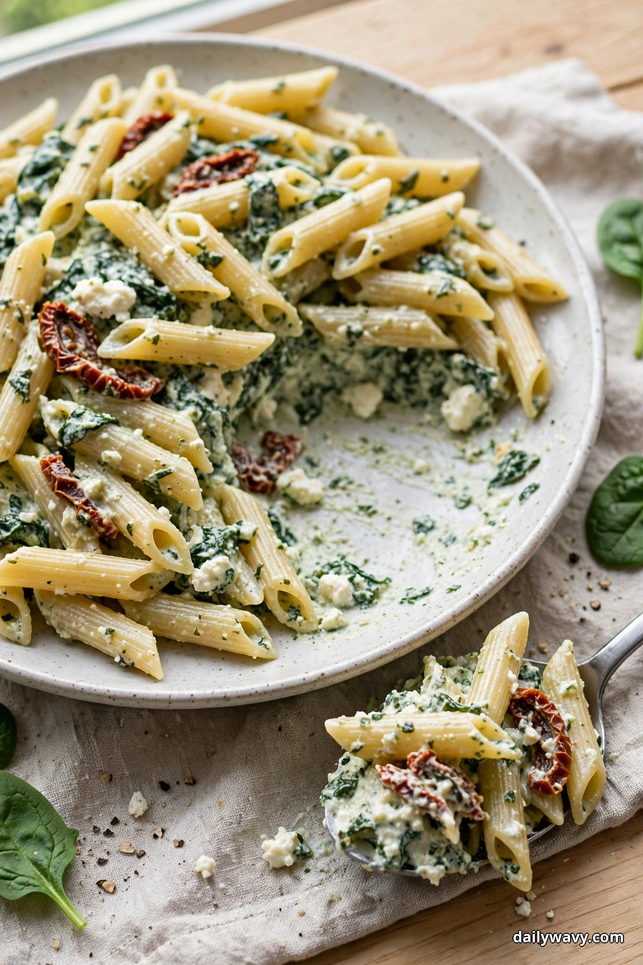 A speckled plate of penne in creamy spinach ricotta sauce with sliced sun-dried tomatoes has one serving removed, and a spoonful of the pasta rests beside the plate on linen